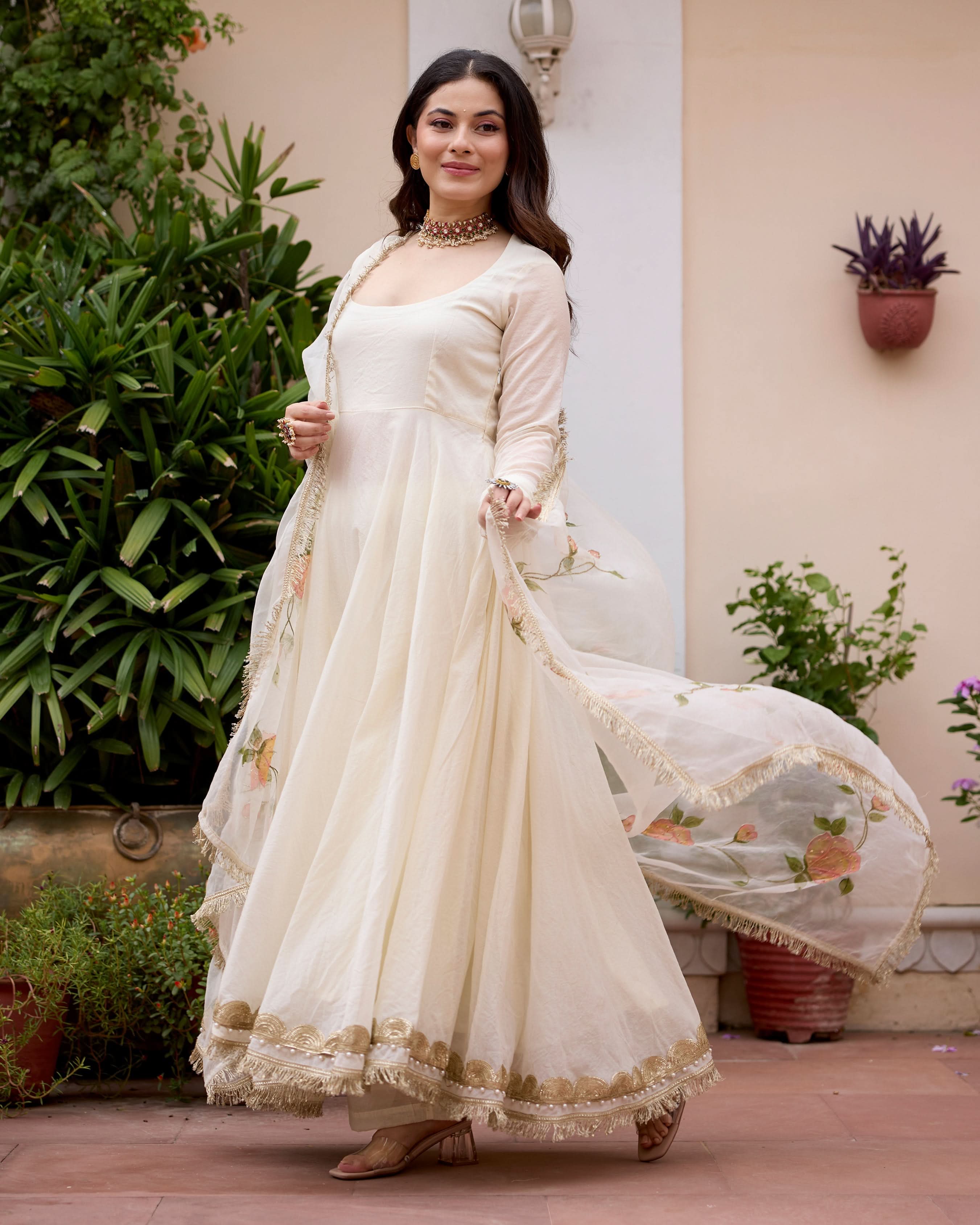Gulnaar Off White Handpainted Chanderi Suit Set - Image 2