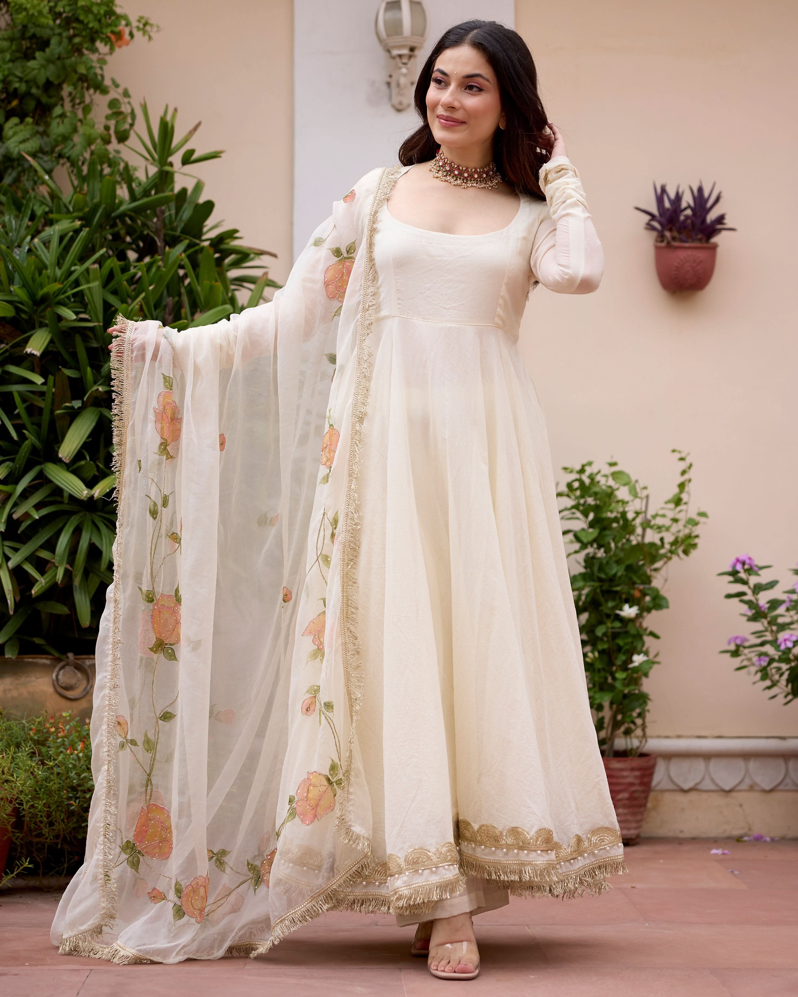 Gulnaar Off White Handpainted Chanderi Suit Set - Image 3