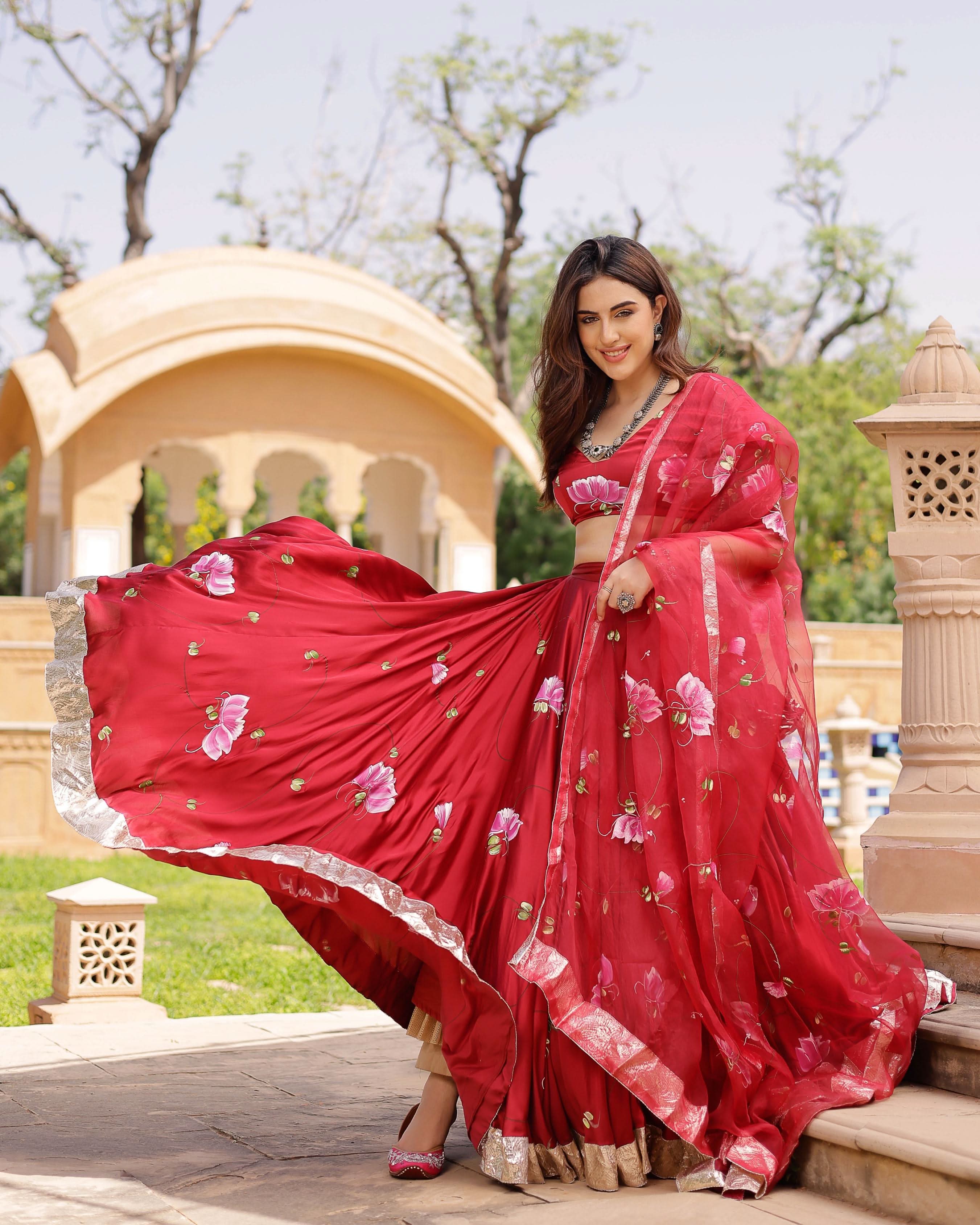 Gulsheen Handpainted Satin Lehenga Set - Image 3