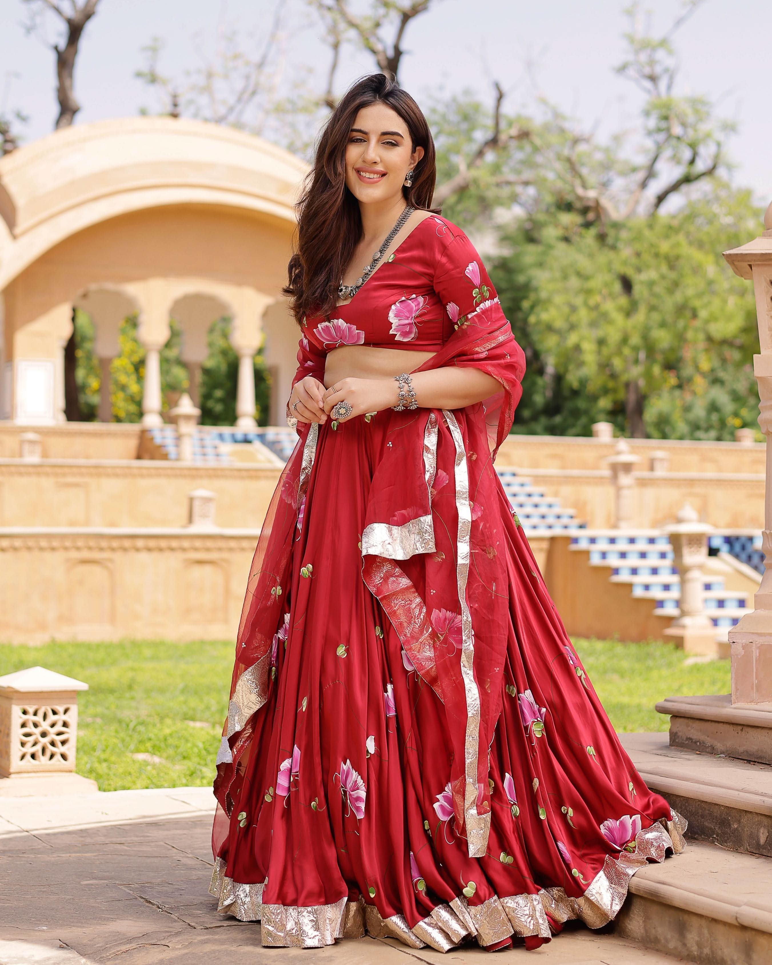 Gulsheen Handpainted Satin Lehenga Set - Image 5
