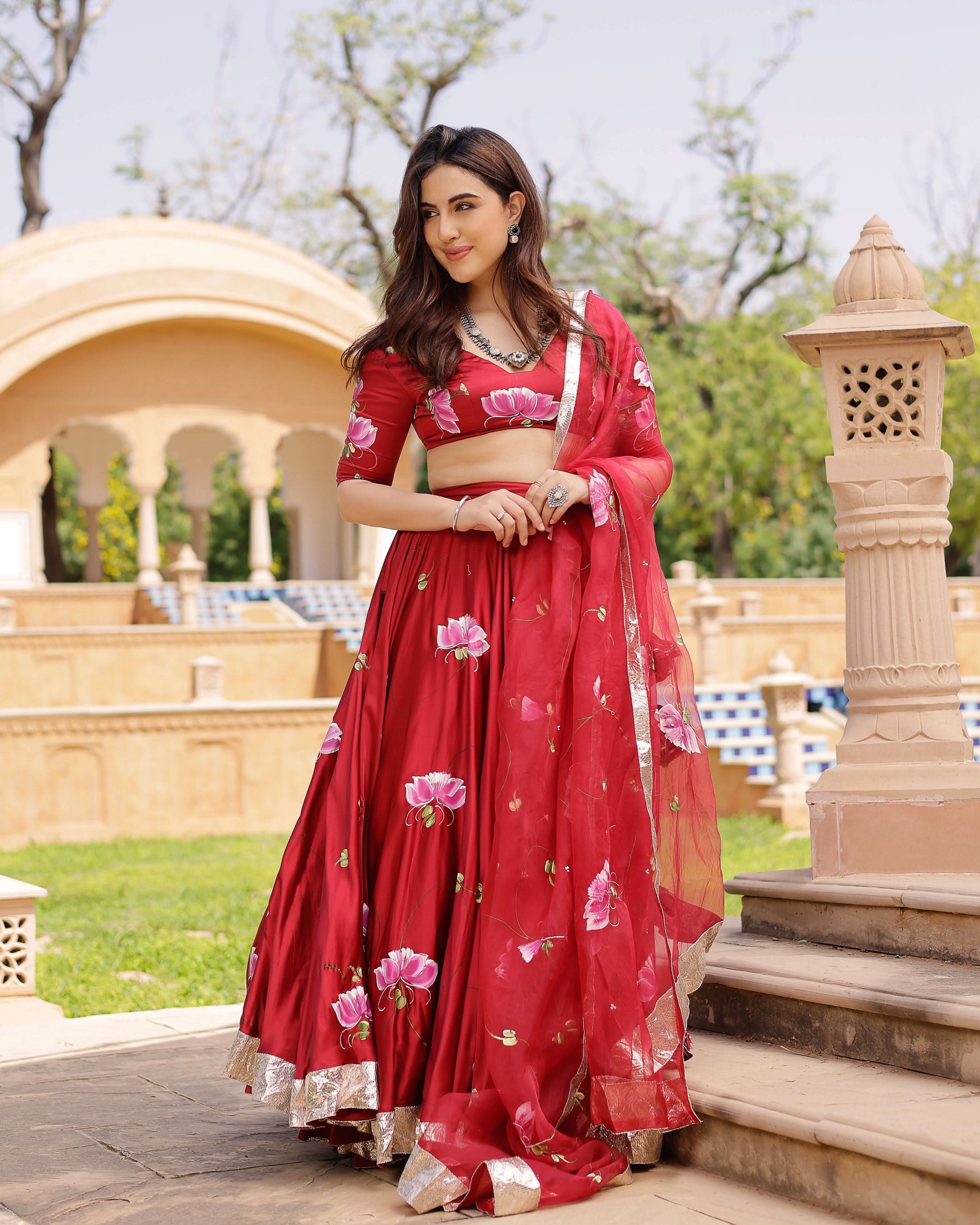 Gulsheen Handpainted Satin Lehenga Set - Image 6