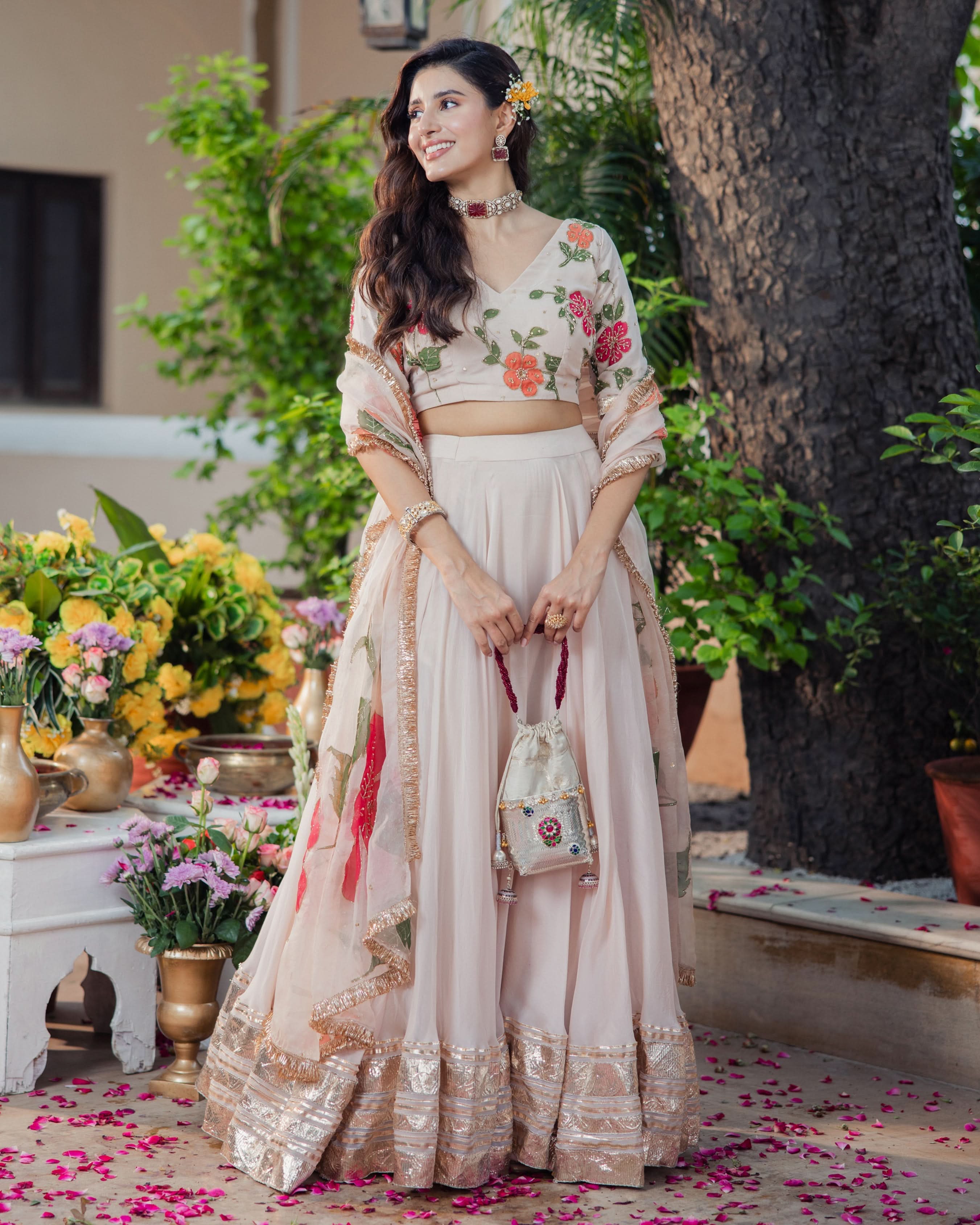 Gulzar Ivory Handpainted Viscose Organza Lehenga Set - Image 2