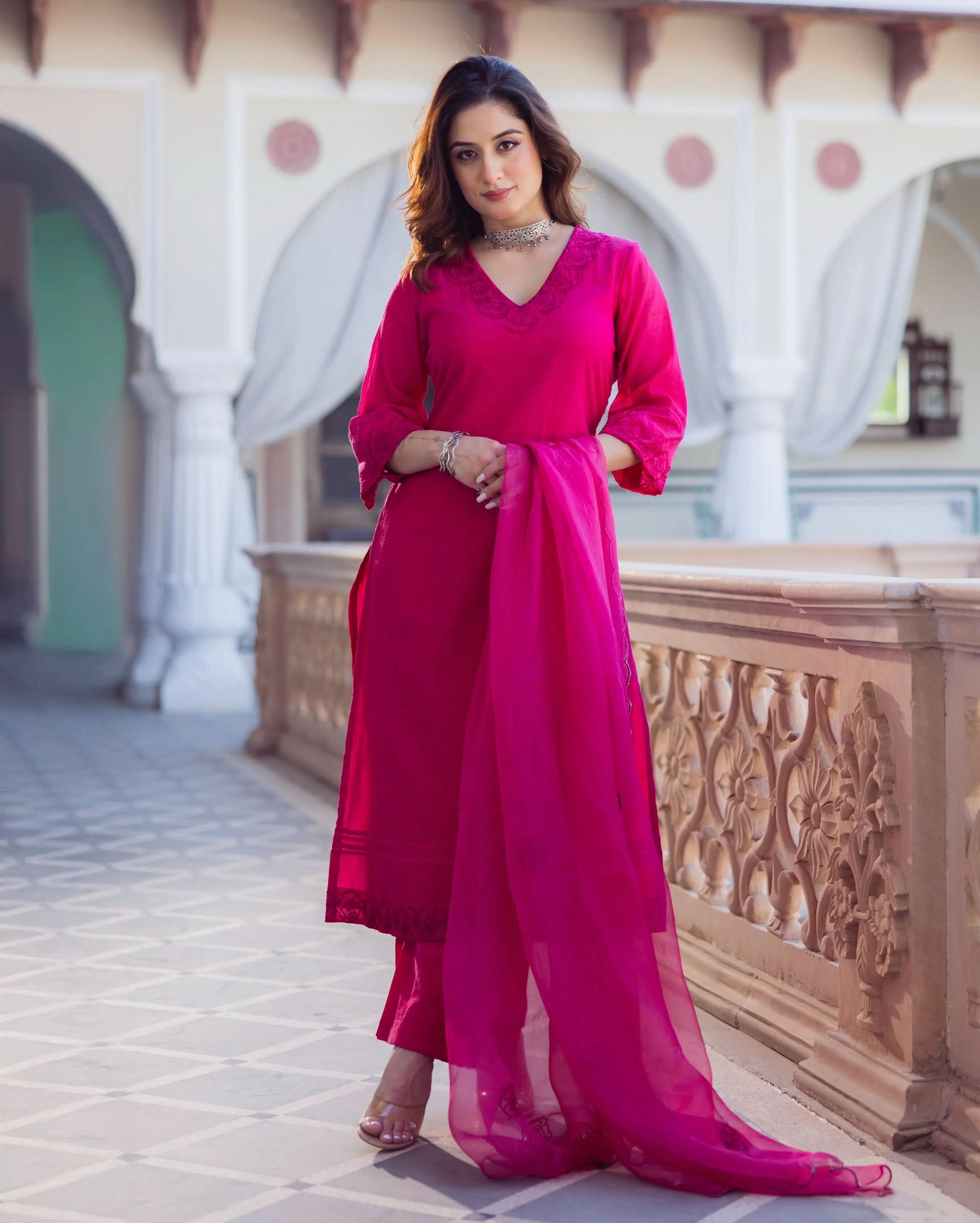 Hanya Magenta Embroidered Chanderi Suit Set - Image 2