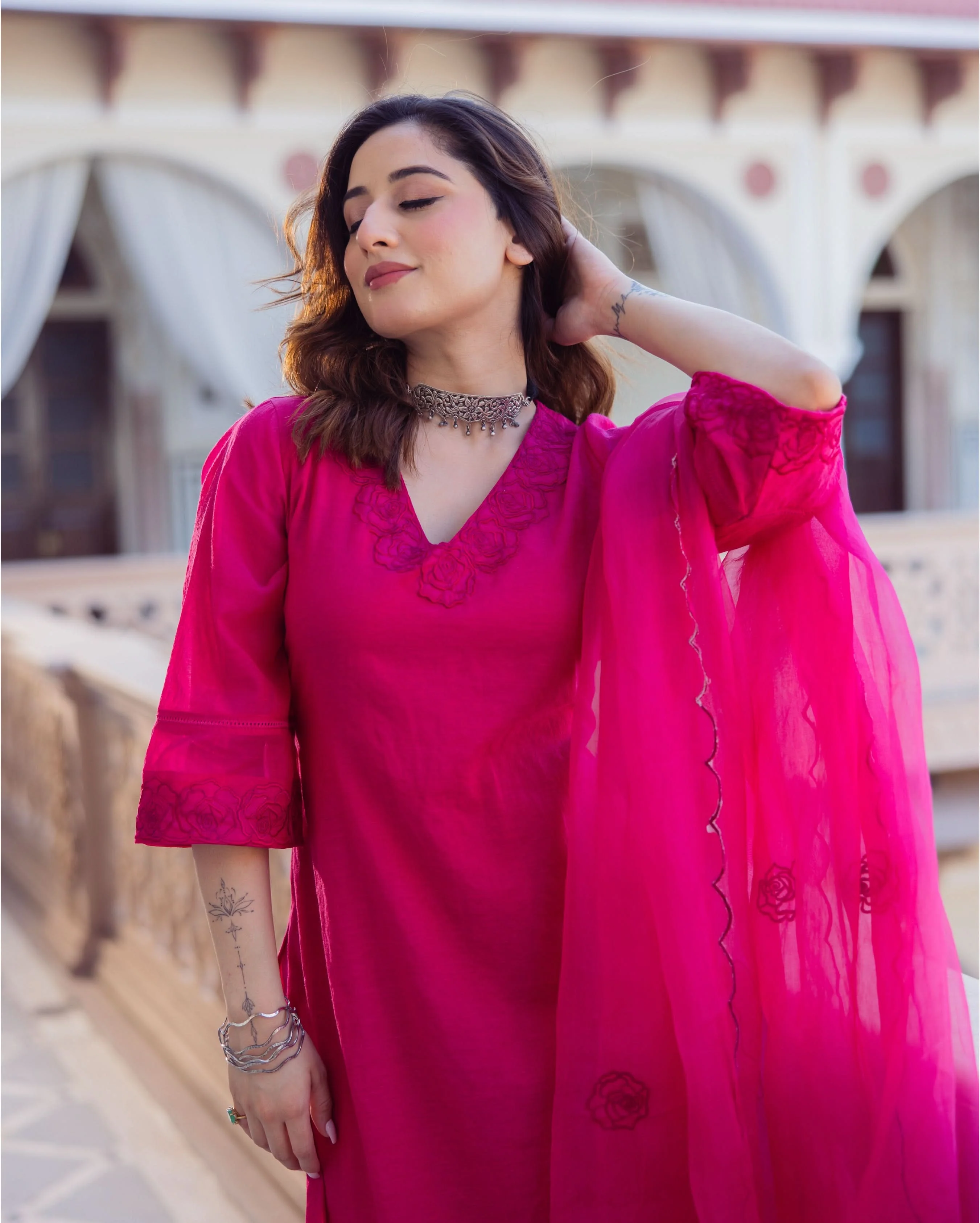 Hanya Magenta Embroidered Chanderi Suit Set - Image 5