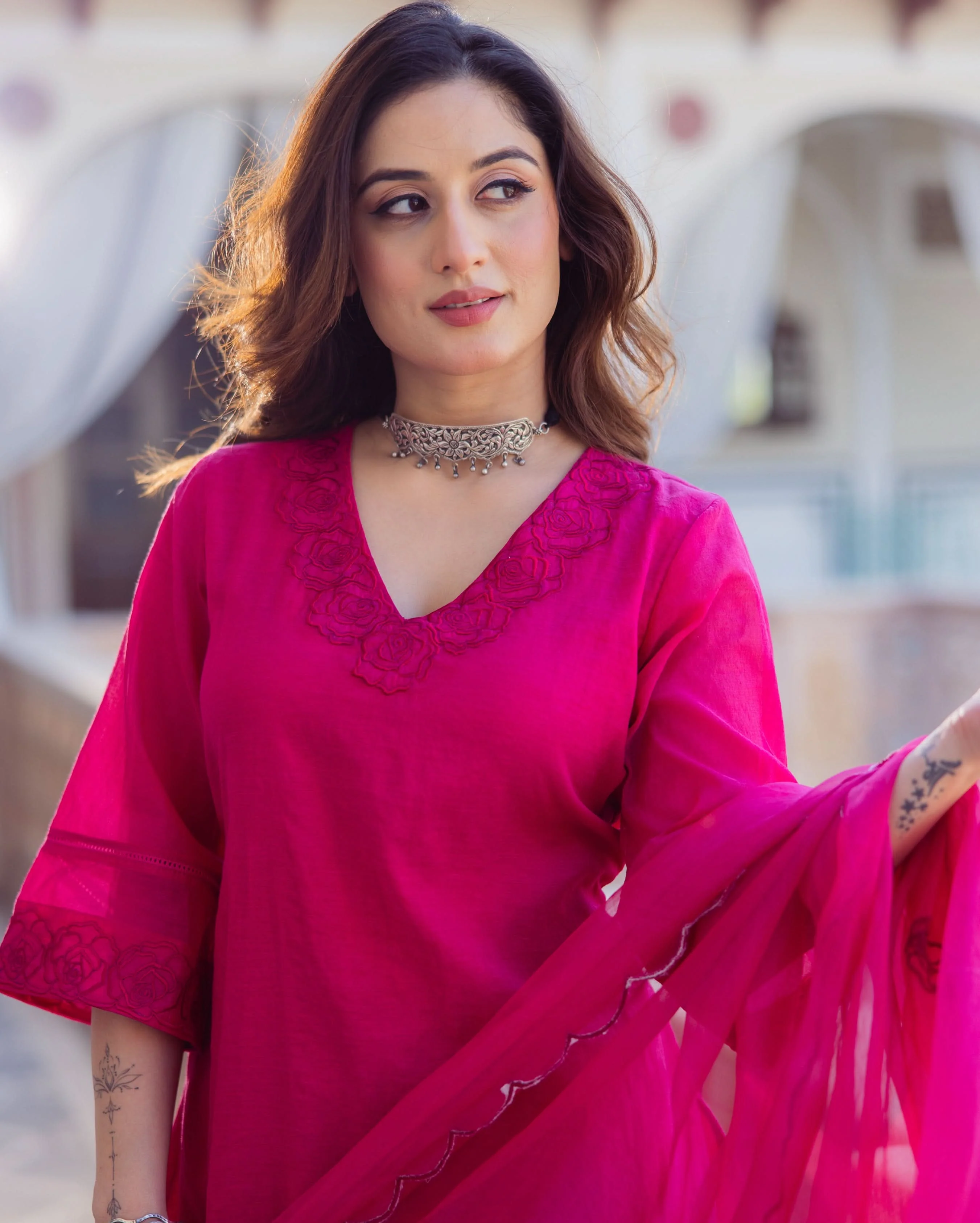 Hanya Magenta Embroidered Chanderi Suit Set - Image 6