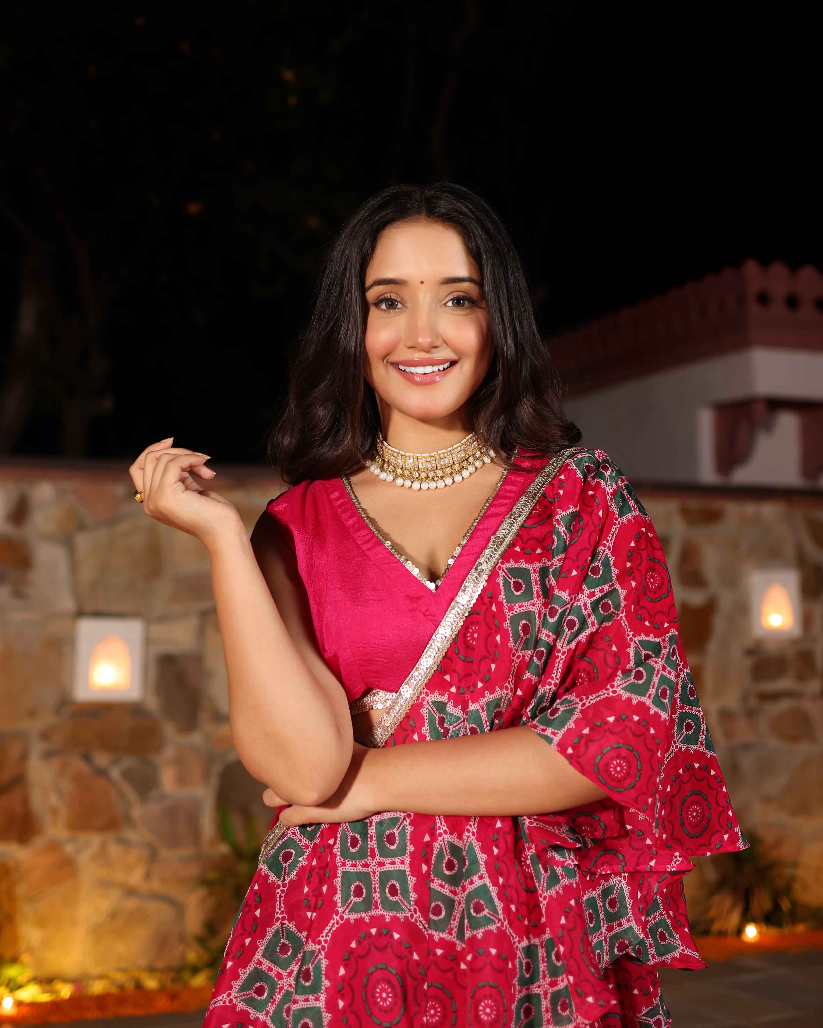 Hareeta Pink Printed Chinon Pre Draped Saree - Image 3