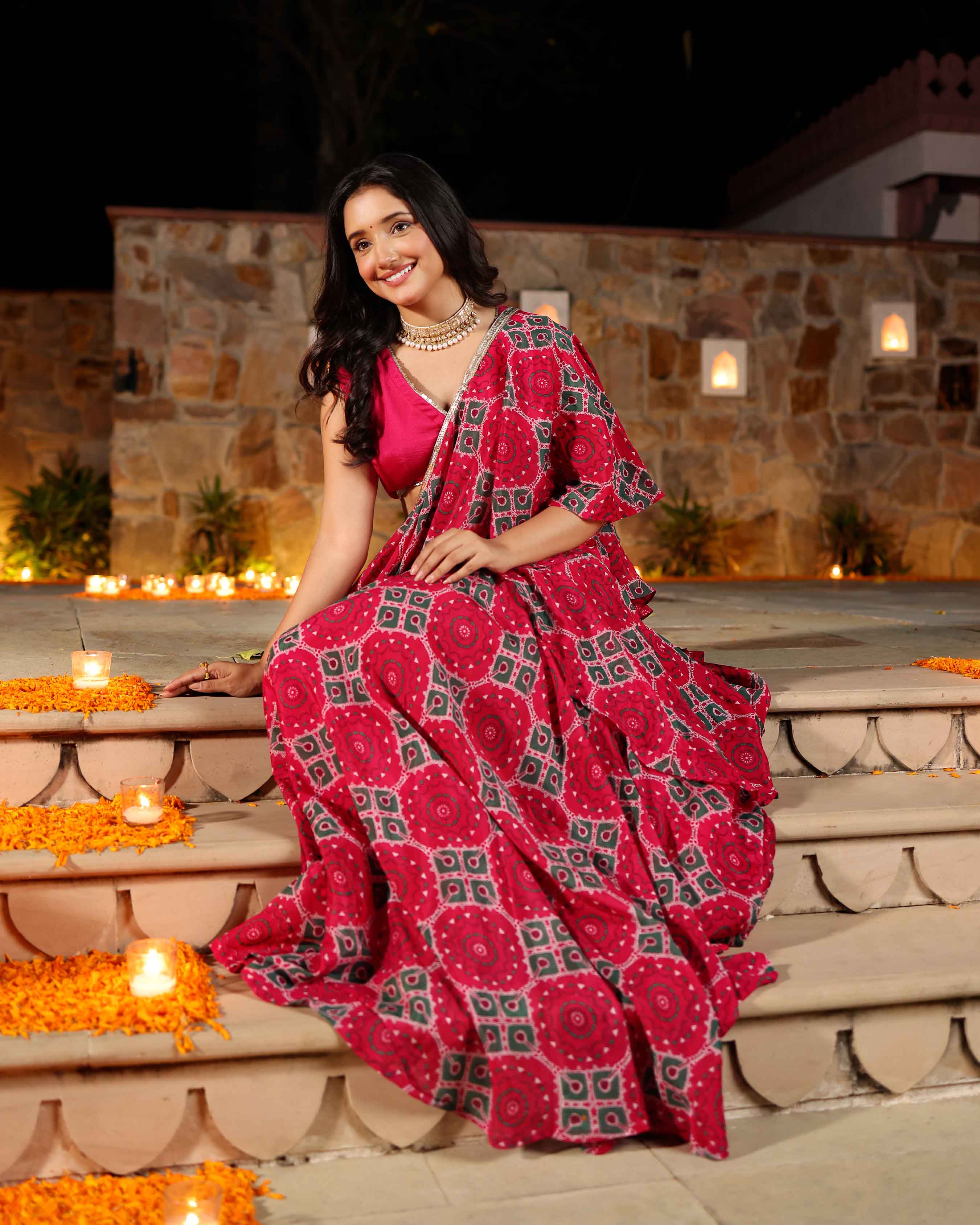 Hareeta Pink Printed Chinon Pre Draped Saree - Image 6