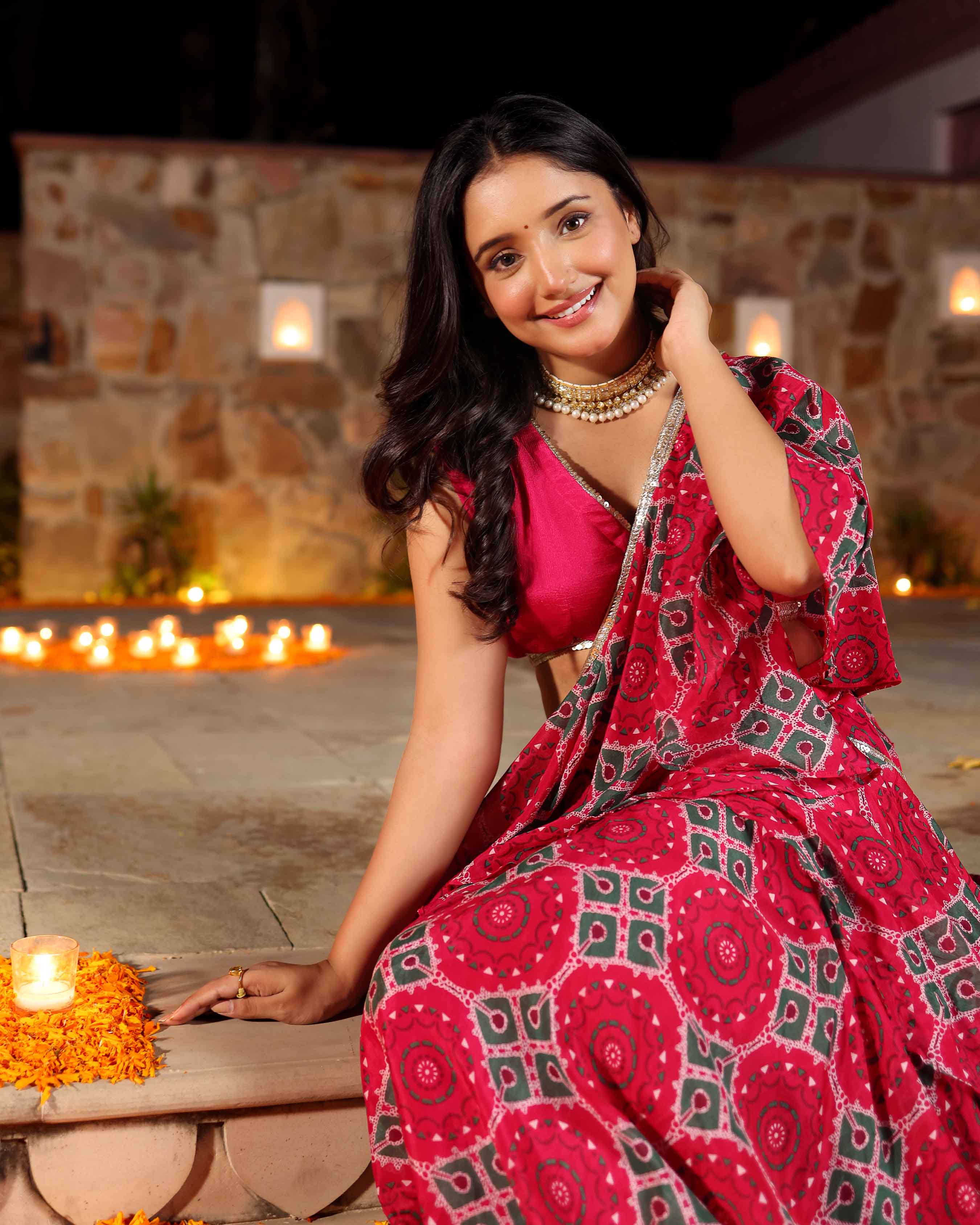 Hareeta Pink Printed Chinon Pre Draped Saree - Image 8