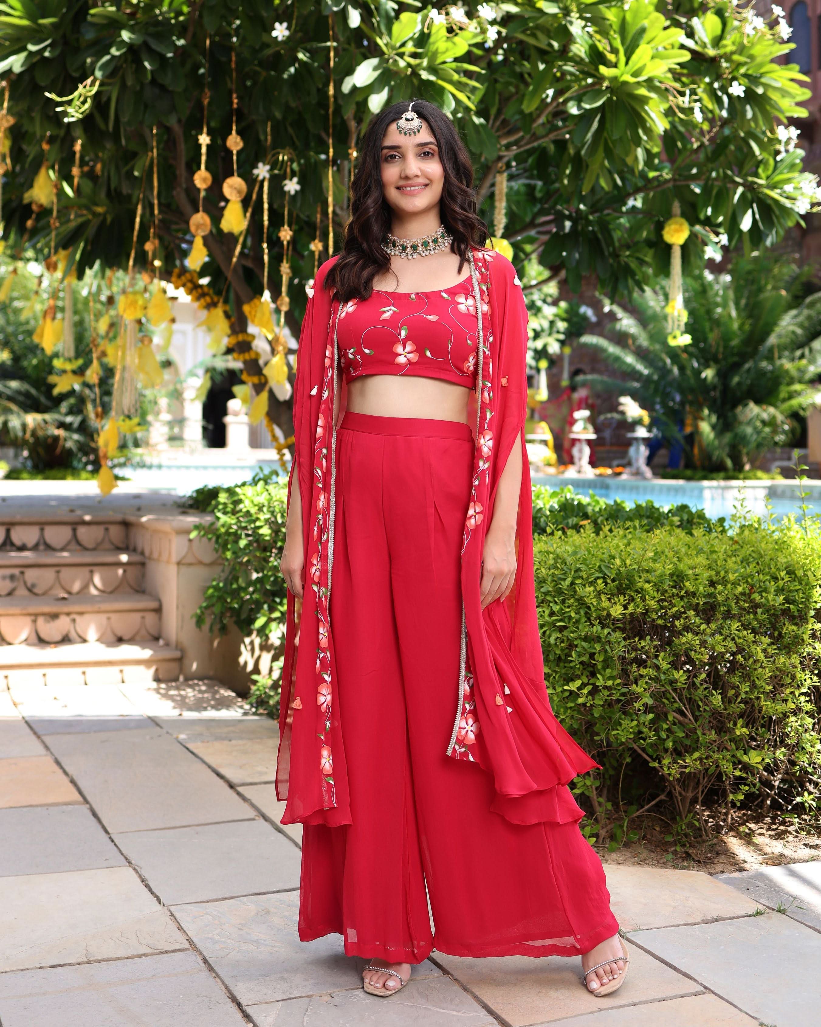 Hareeta Red Handpainted Georgette Coord Set - Image 5