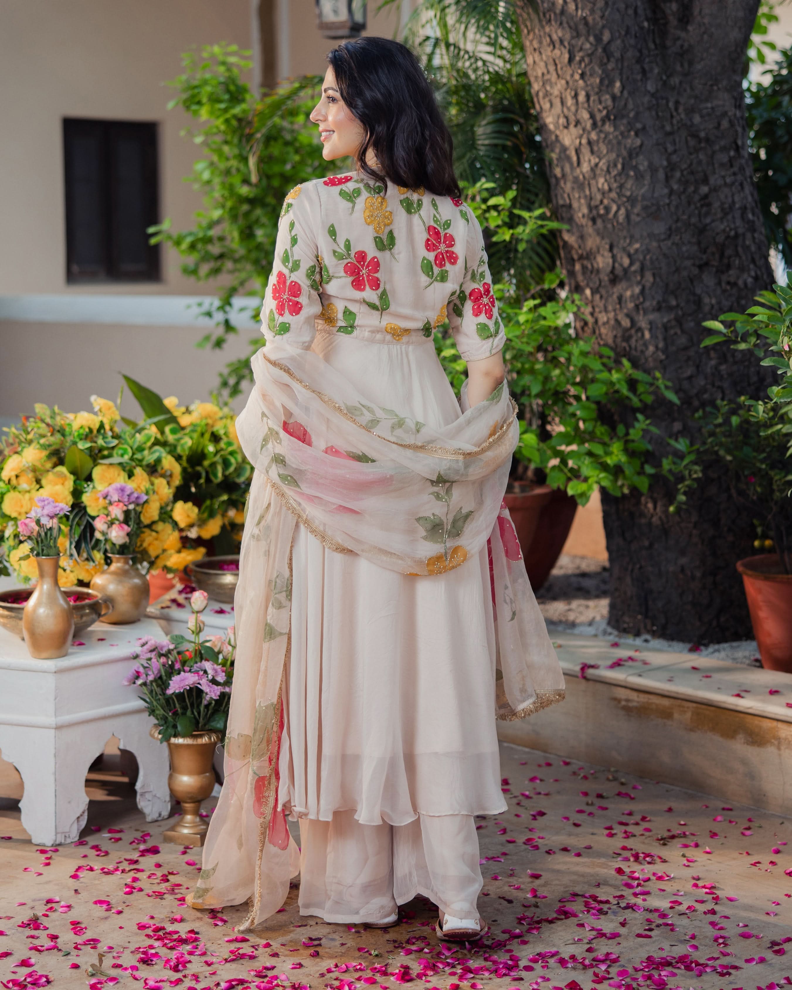 Harsinghar Beige Handpainted Viscose Organza Suit Set - Image 6
