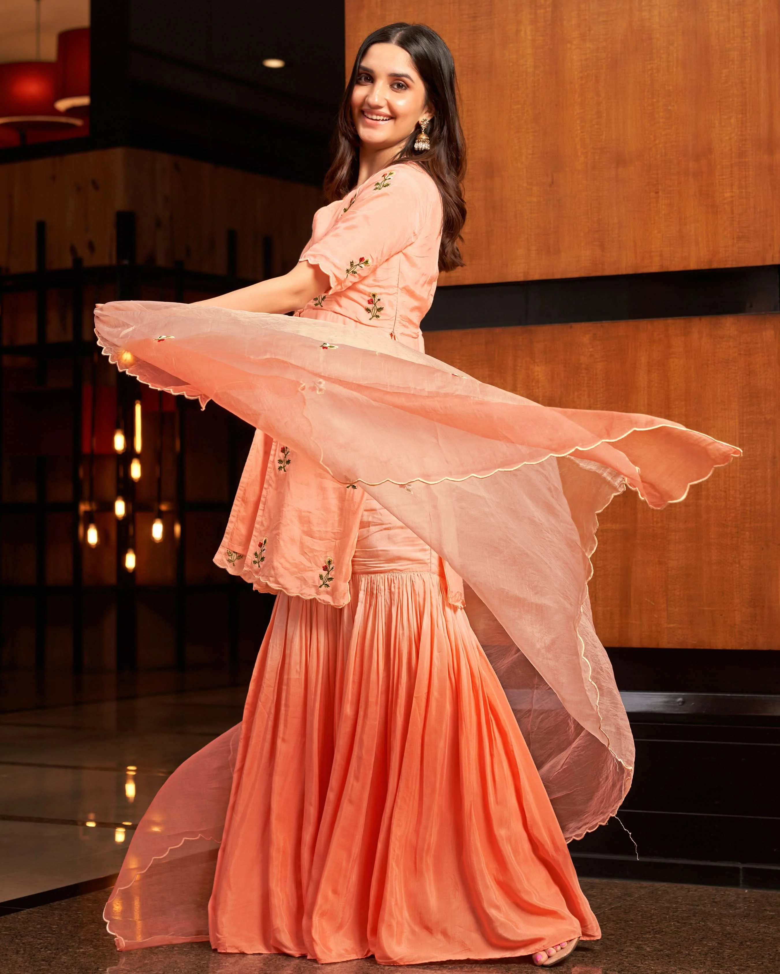 Heather Peach Embroidered Muslin Silk Sharara Set - Image 3