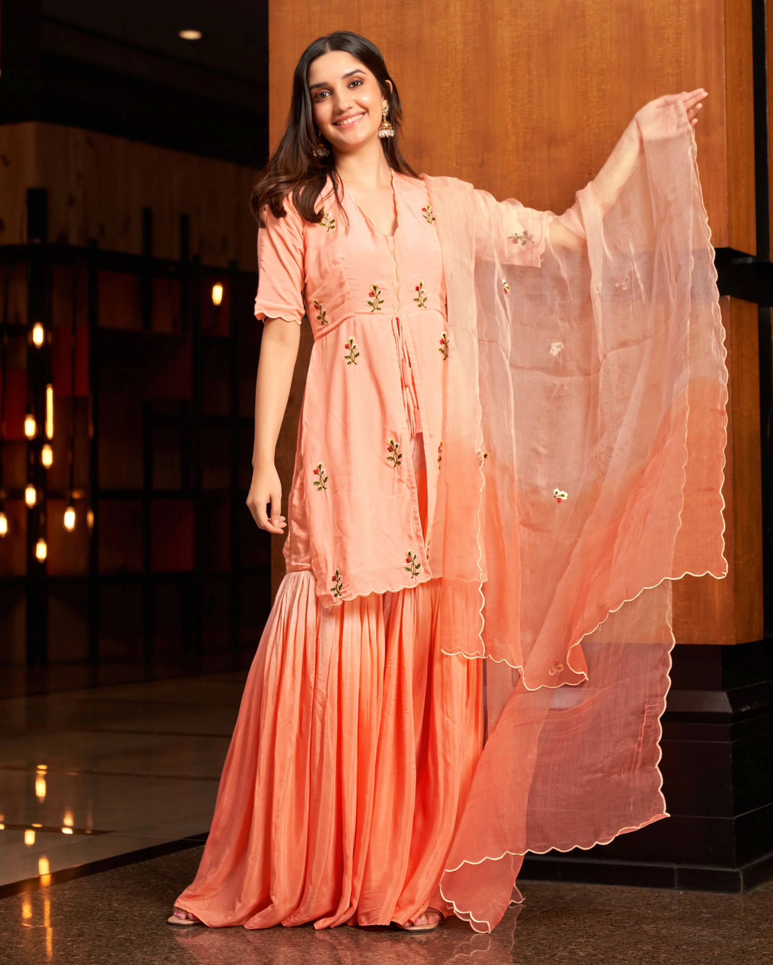Heather Peach Embroidered Muslin Silk Sharara Set - Image 4