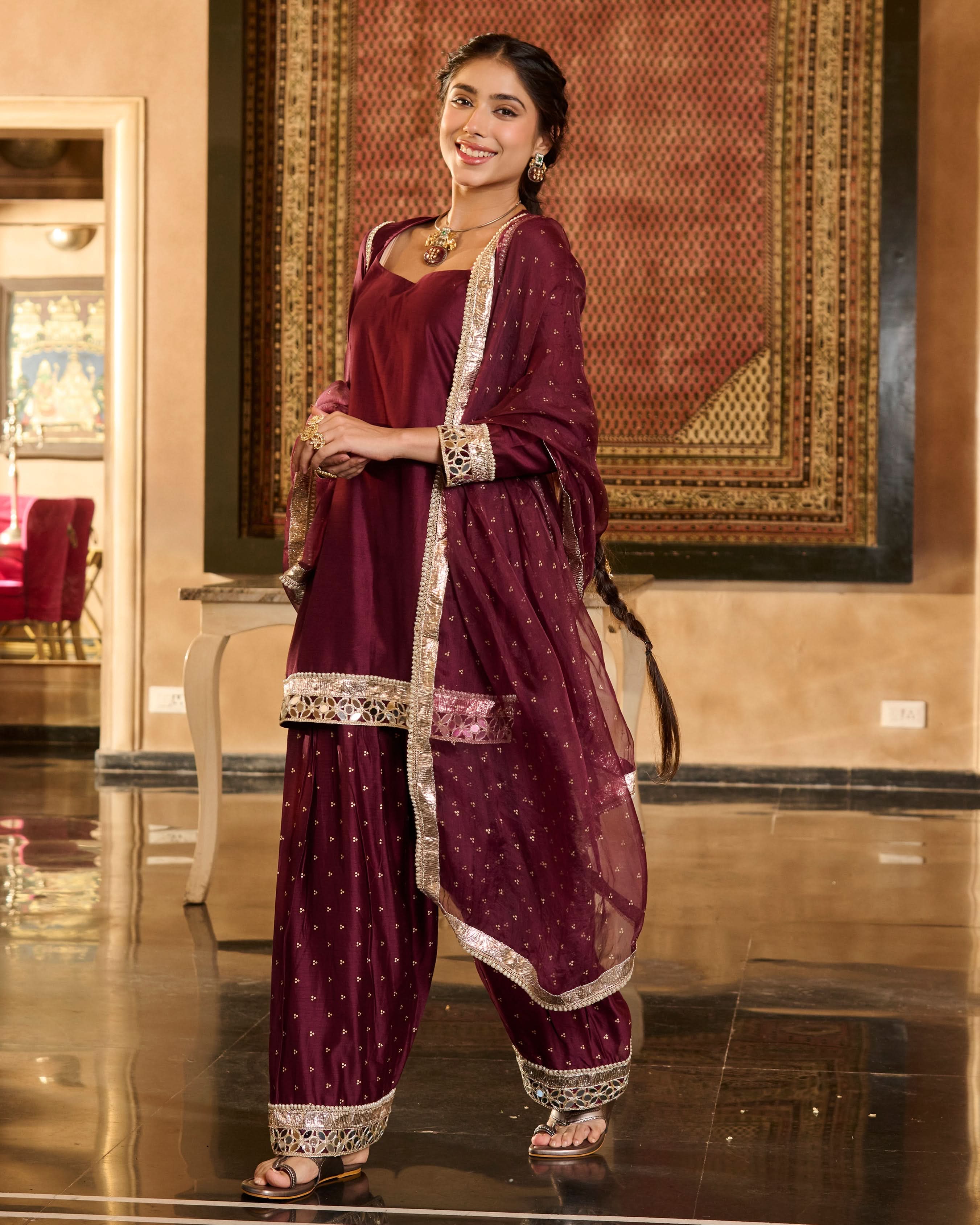 Ira Plum Solid Chanderi Farsi Salwar Set - Image 2