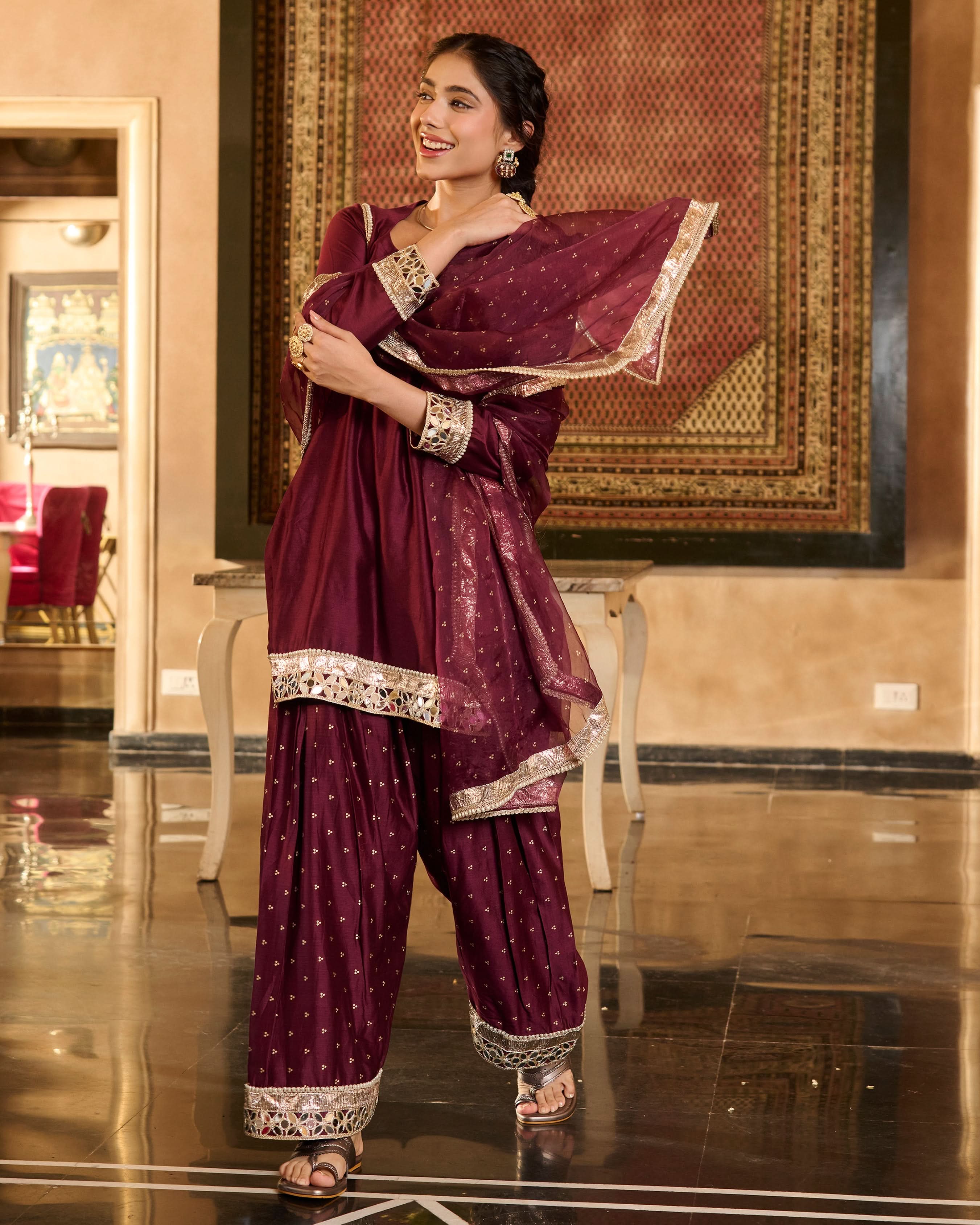 Ira Plum Solid Chanderi Farsi Salwar Set - Image 3