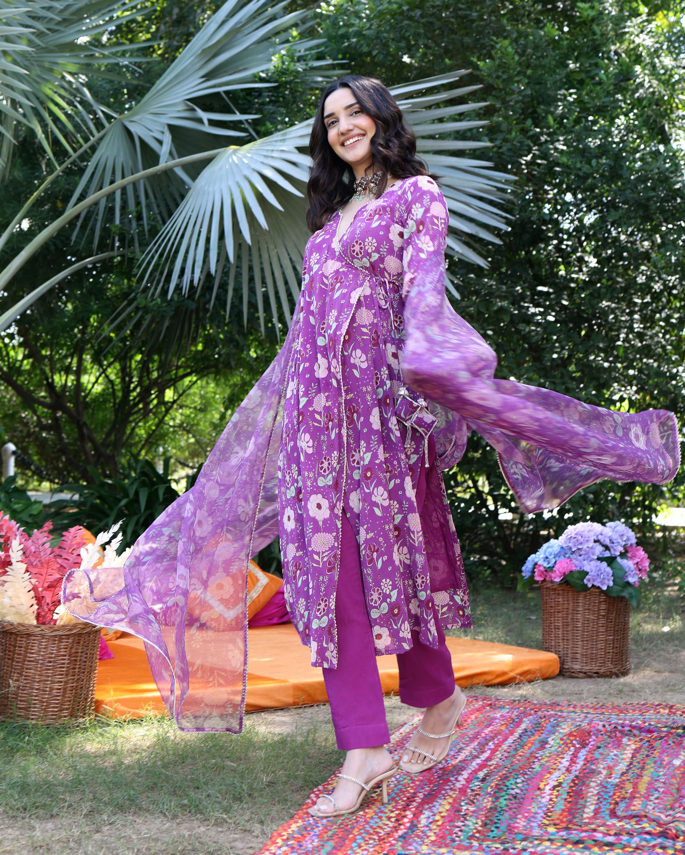 Iris Bloom Purple Printed Georgette Suit Set - Image 2