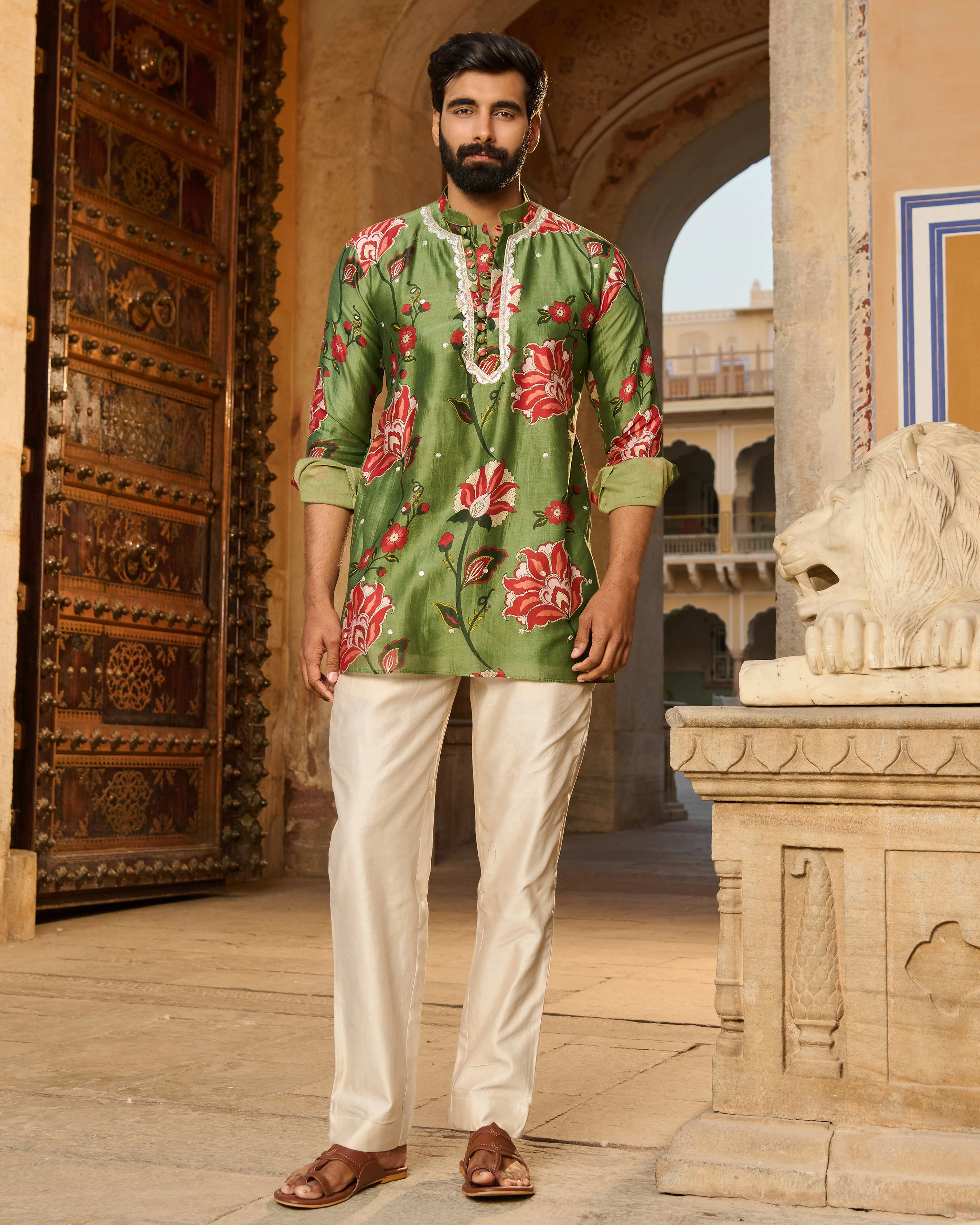 Ishaan Olive Printed Chanderi Kurta - Image 2