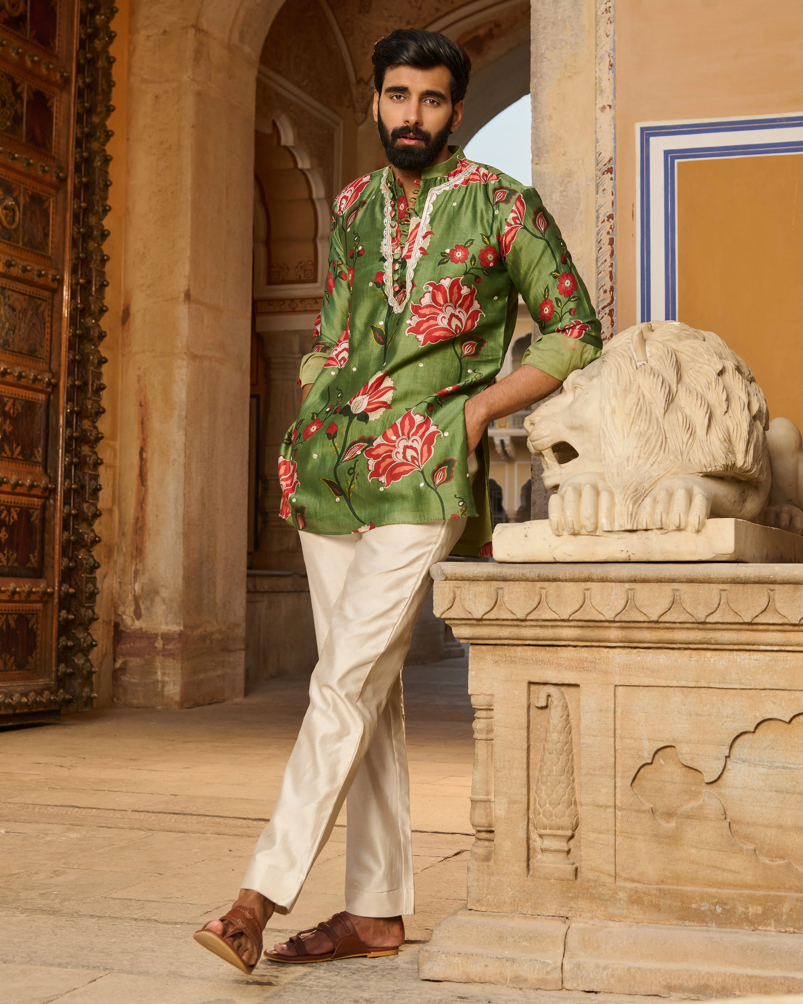 Ishaan Olive Printed Chanderi Kurta - Image 3