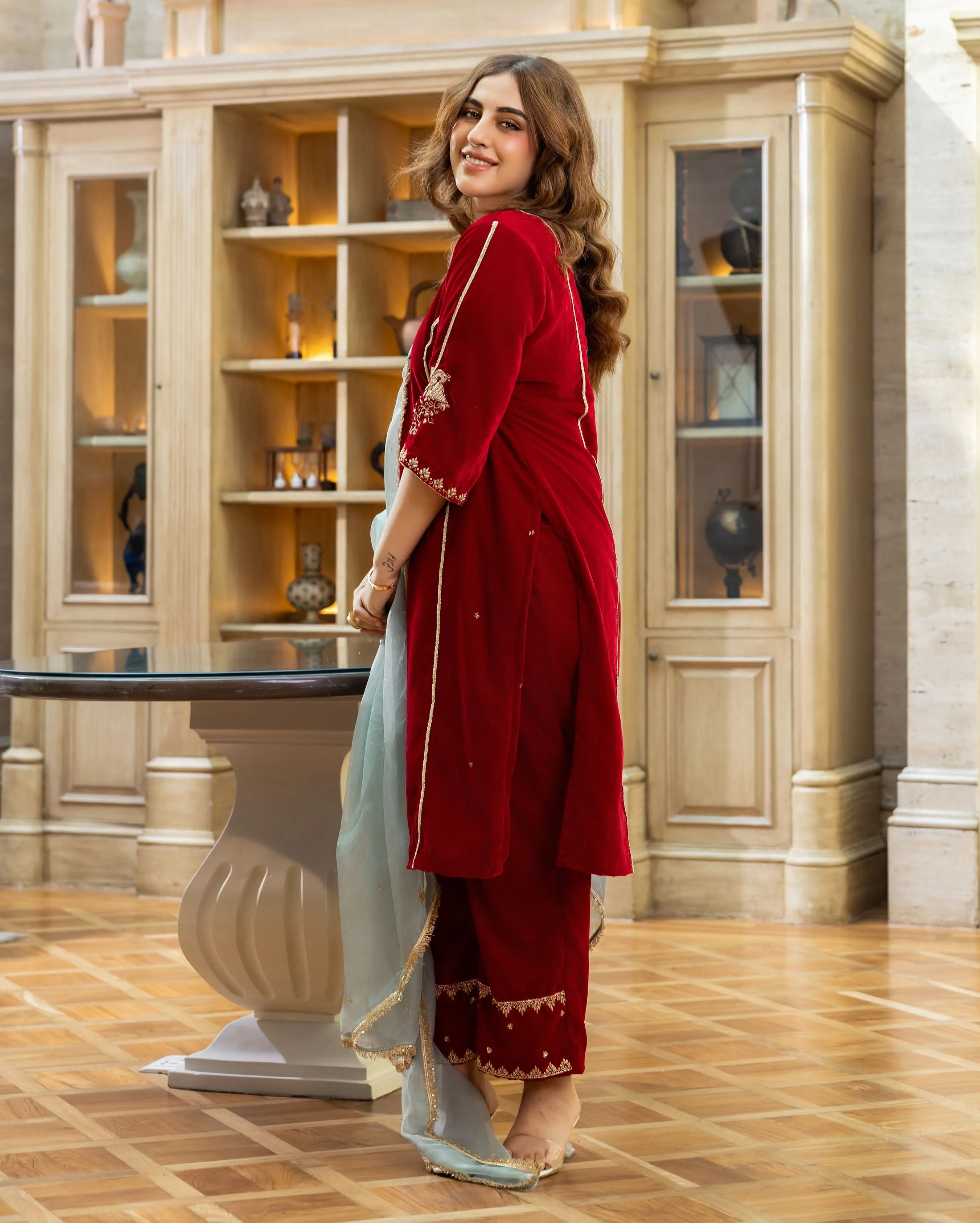 Jasper Red Embroidered Velvet Suit Set - Image 6