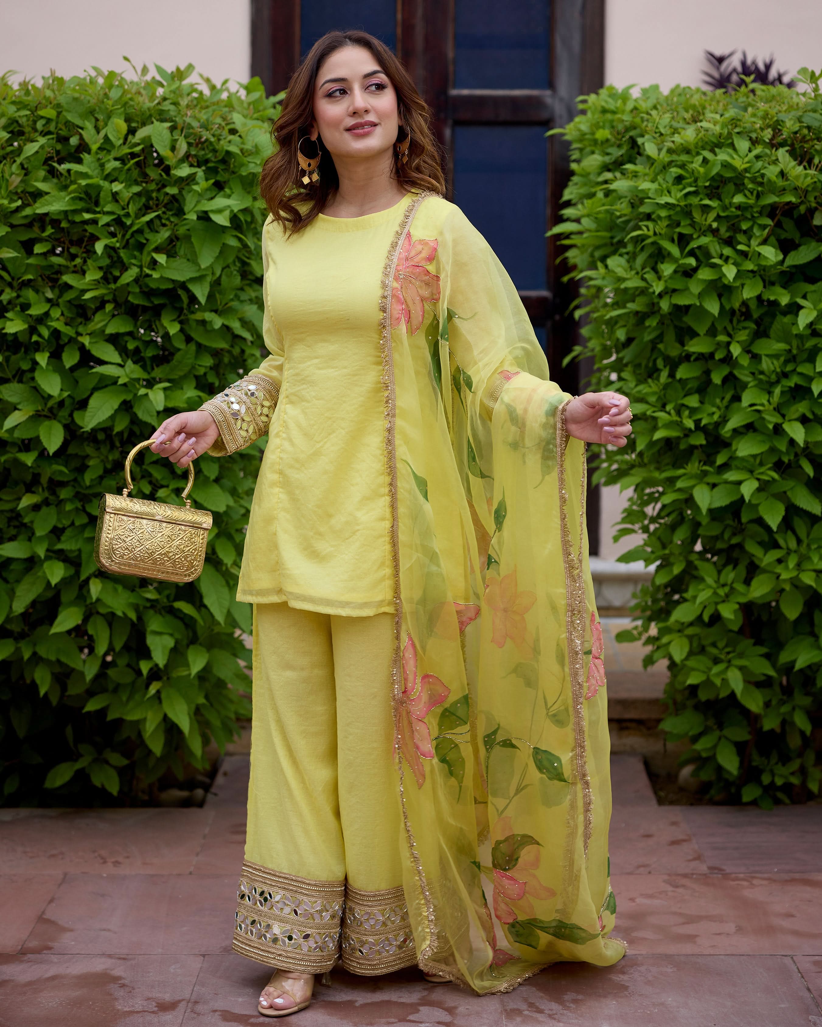 Jaswanti Yellow Handpainted Chanderi Suit Set - Image 2