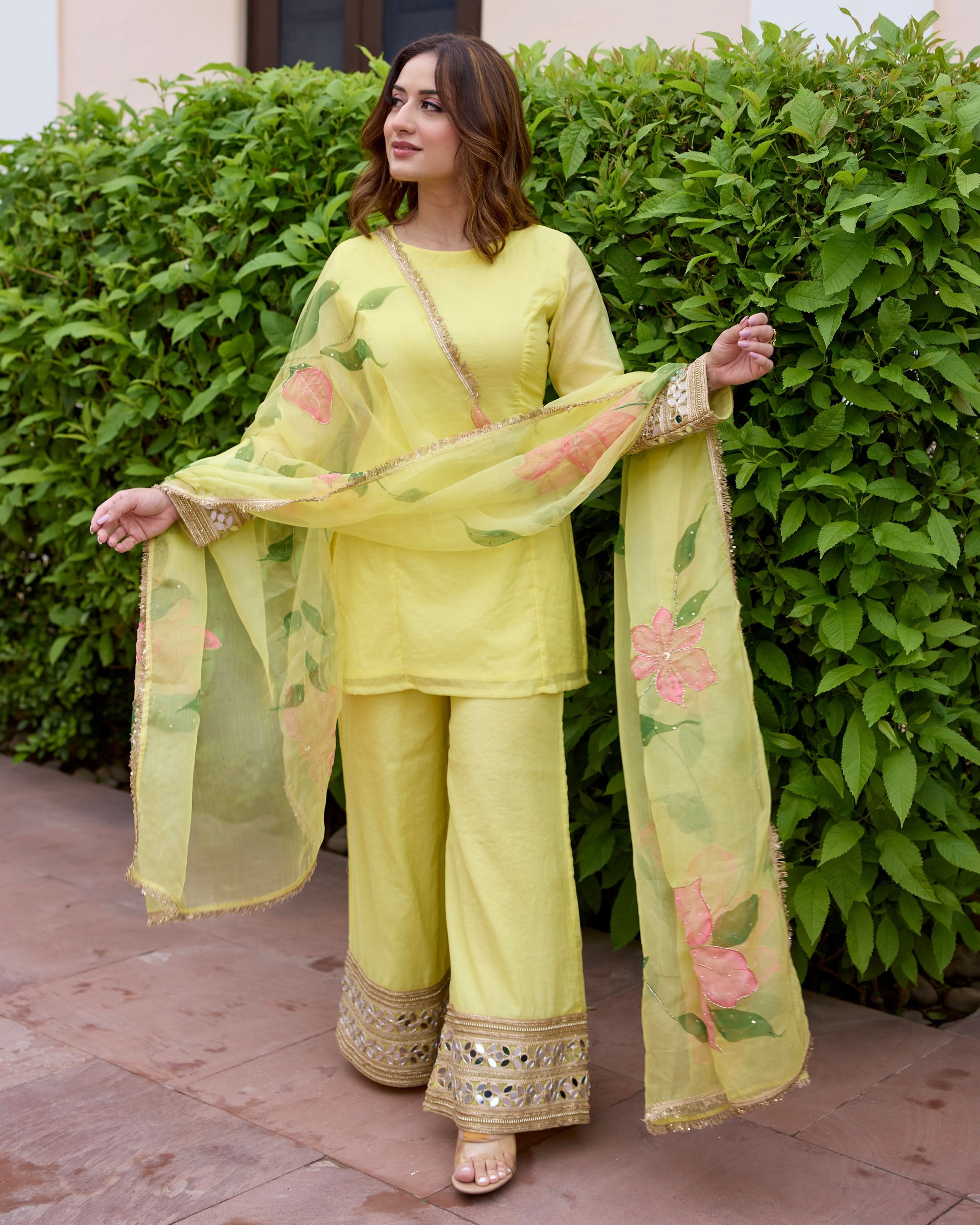 Jaswanti Yellow Handpainted Chanderi Suit Set - Image 4