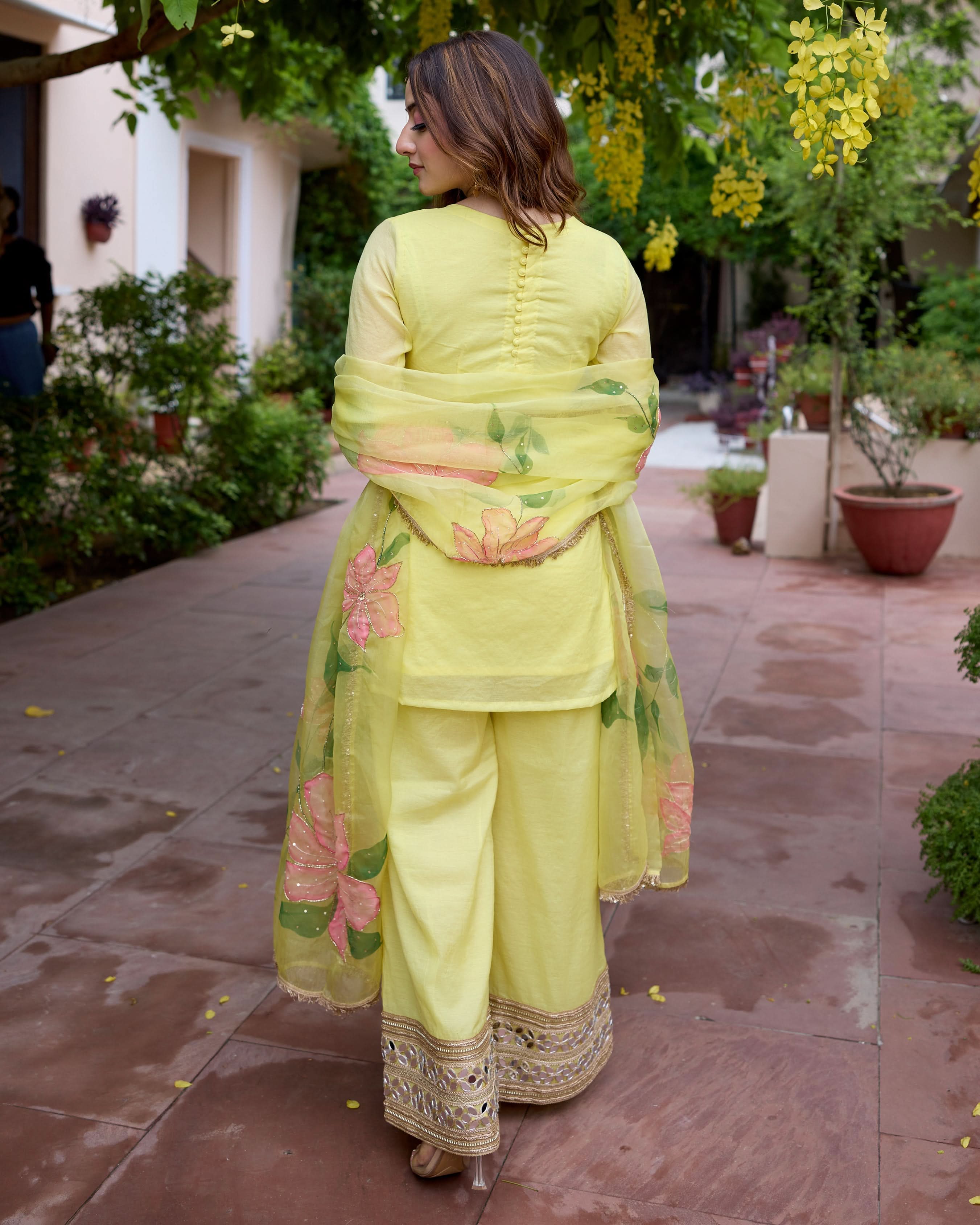 Jaswanti Yellow Handpainted Chanderi Suit Set - Image 8