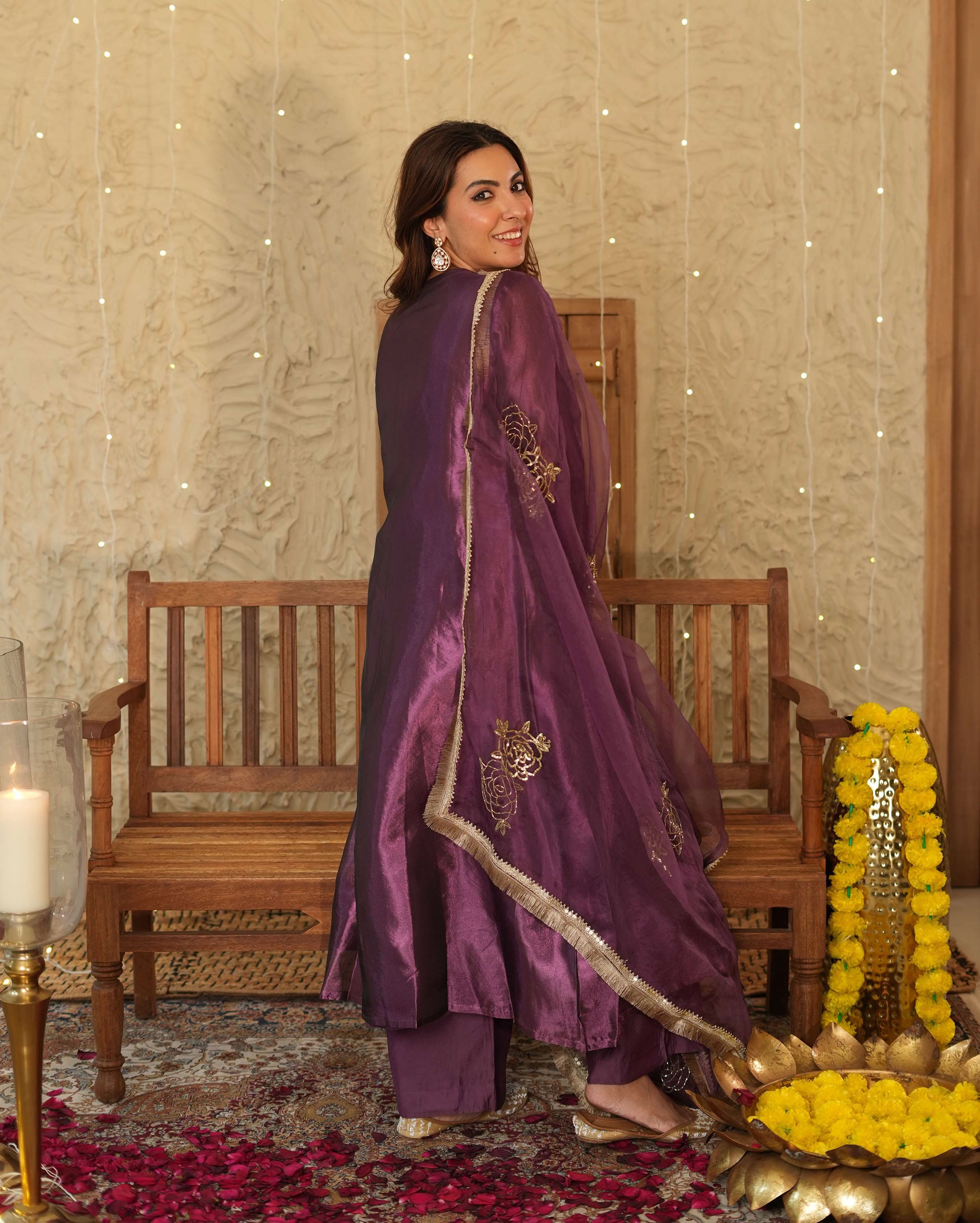 Jhilmil Purple Solid Tissue Suit Set - Image 5