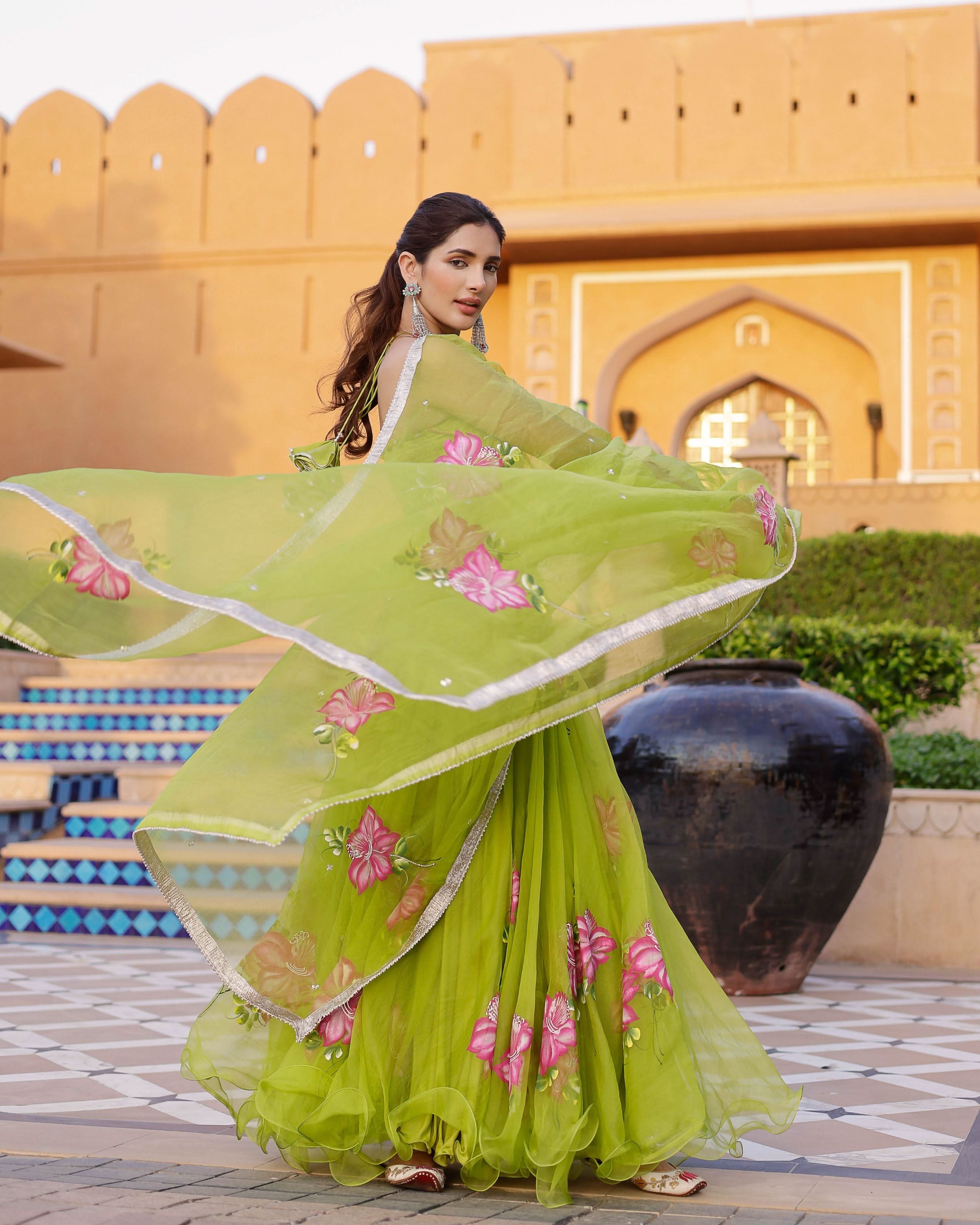 Jhuhi Handpainted Organza Lehenga Set - Image 5