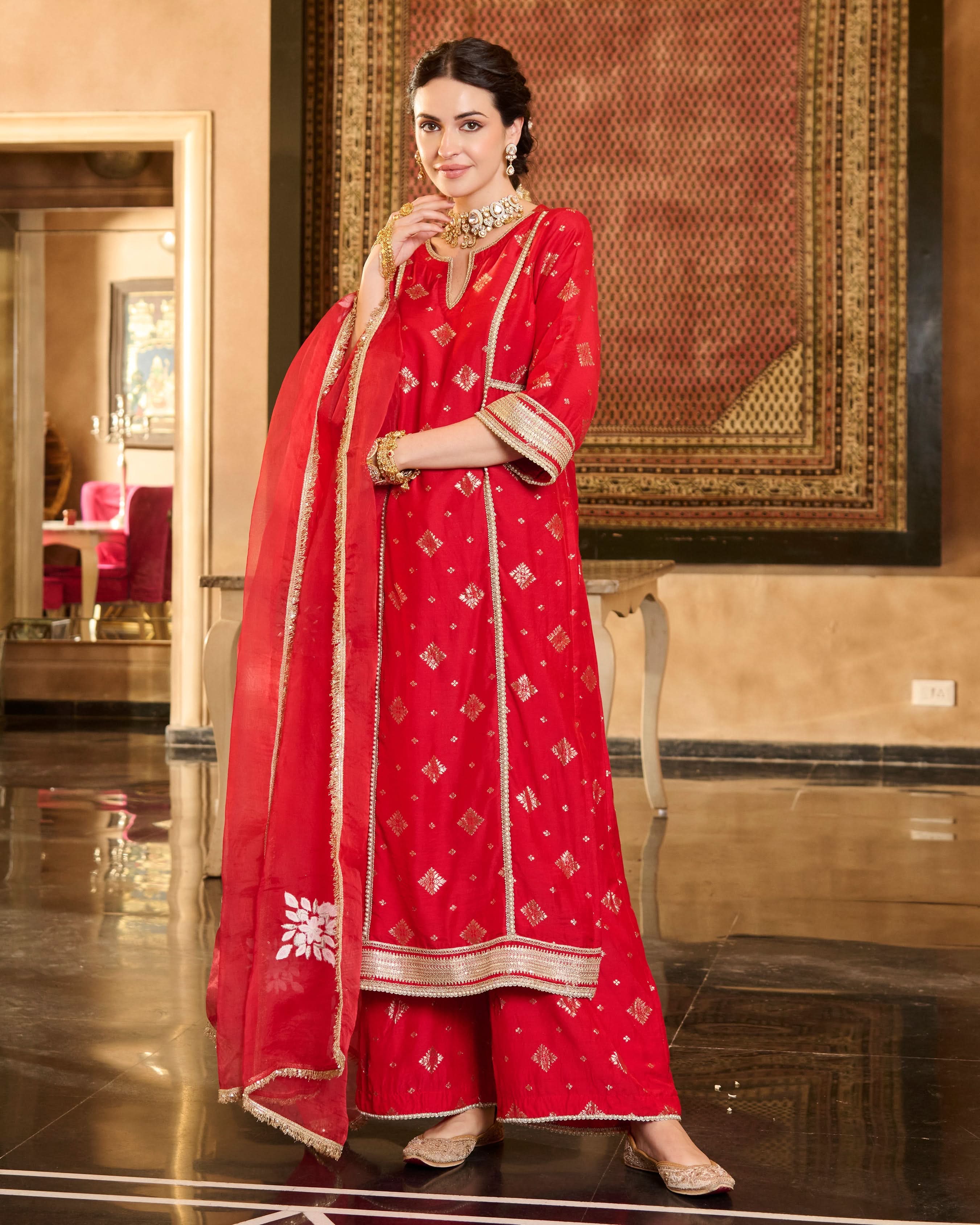 Jini Red Jacquard Suit Set - Image 4