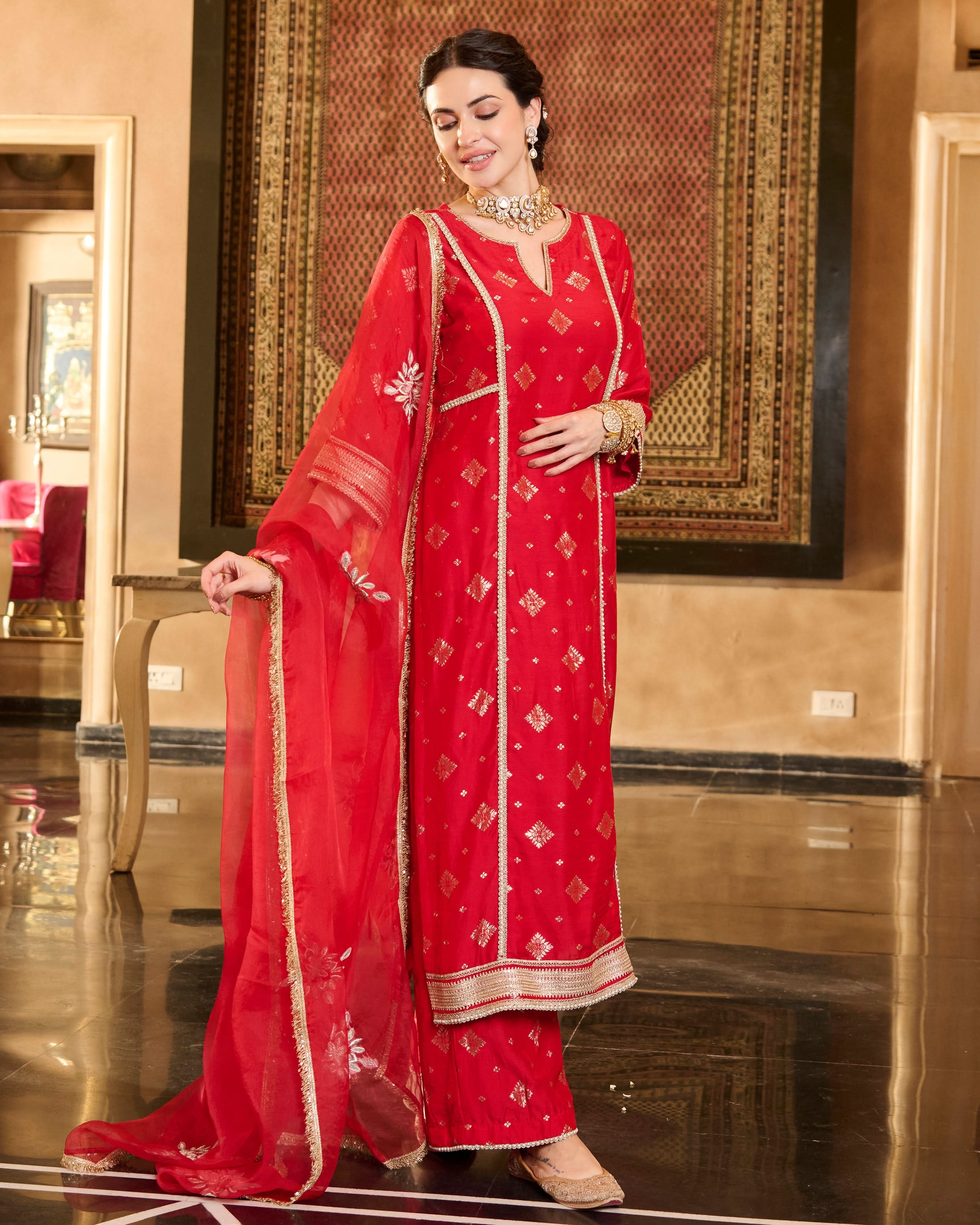 Jini Red Jacquard Suit Set - Image 6