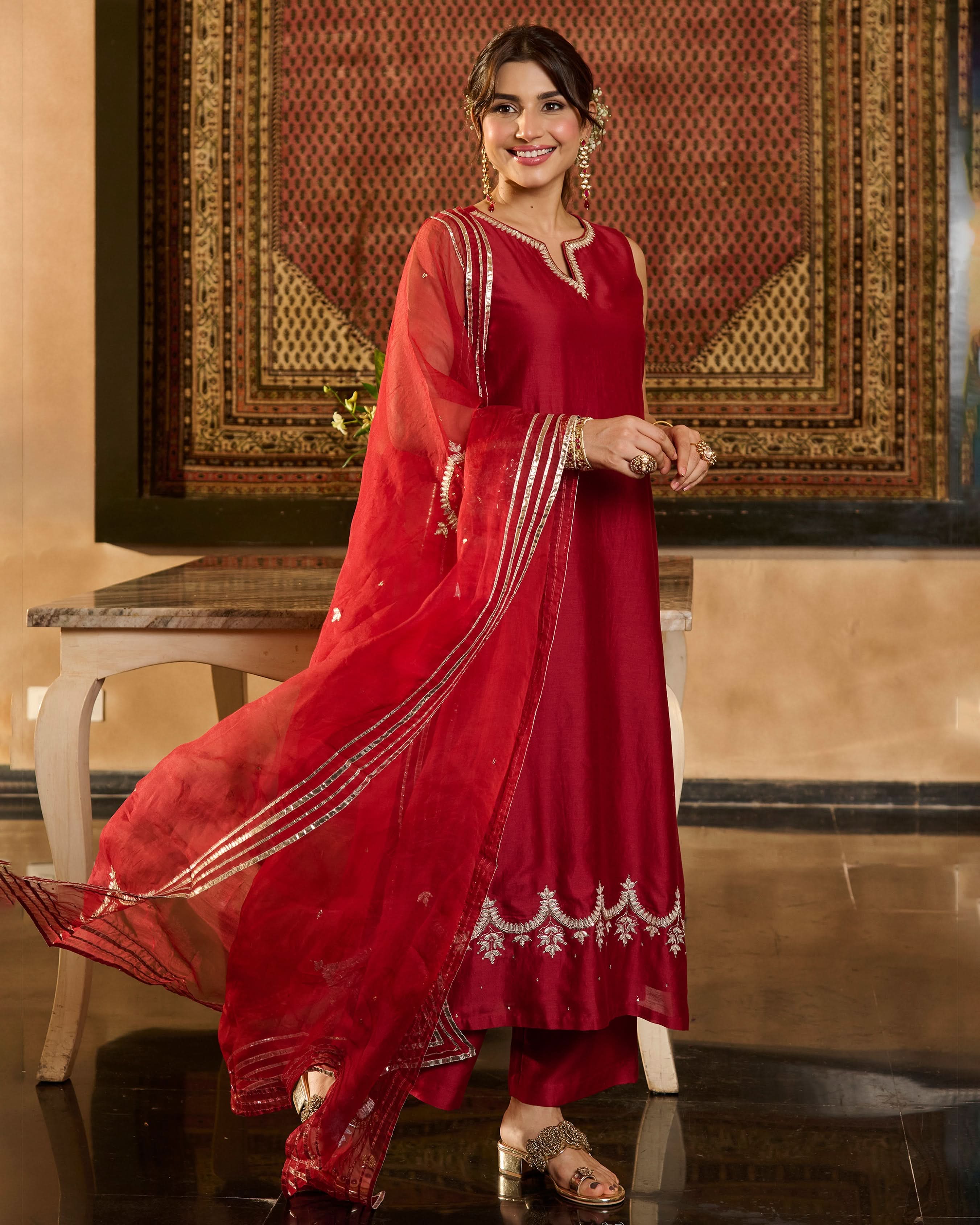 Jugni Maroon Solid Chanderi Suit Set - Image 2