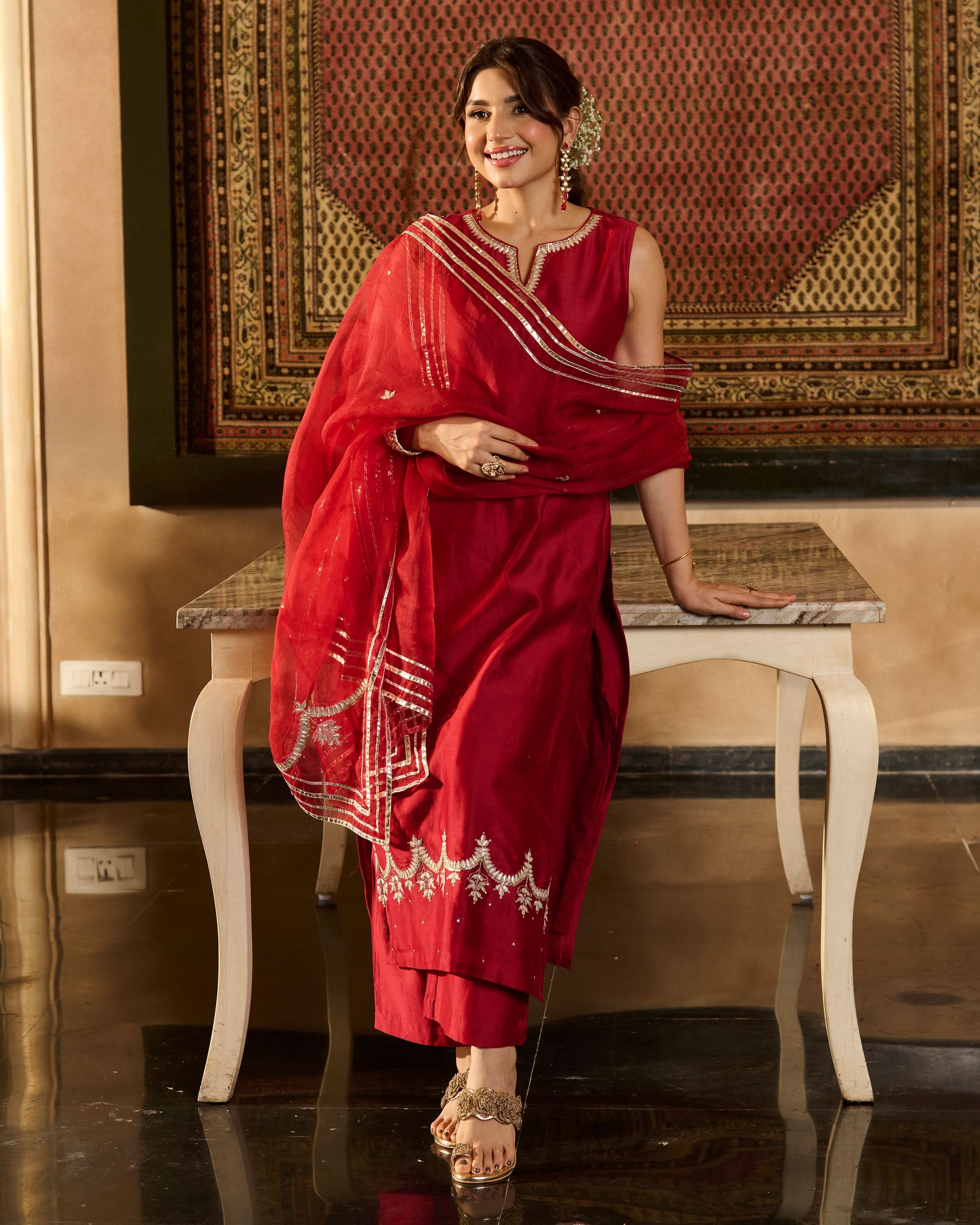 Jugni Maroon Solid Chanderi Suit Set - Image 3