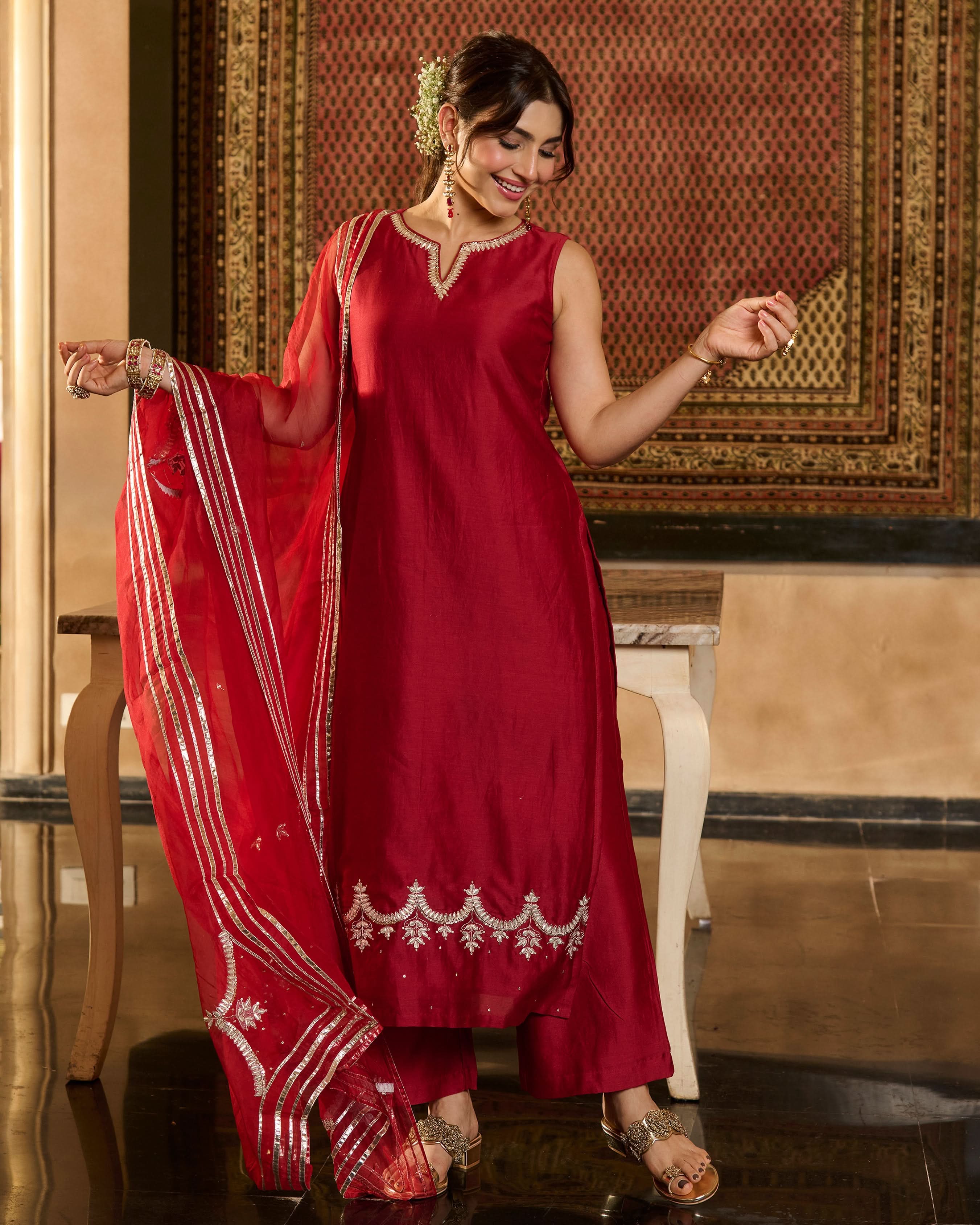 Jugni Maroon Solid Chanderi Suit Set - Image 4