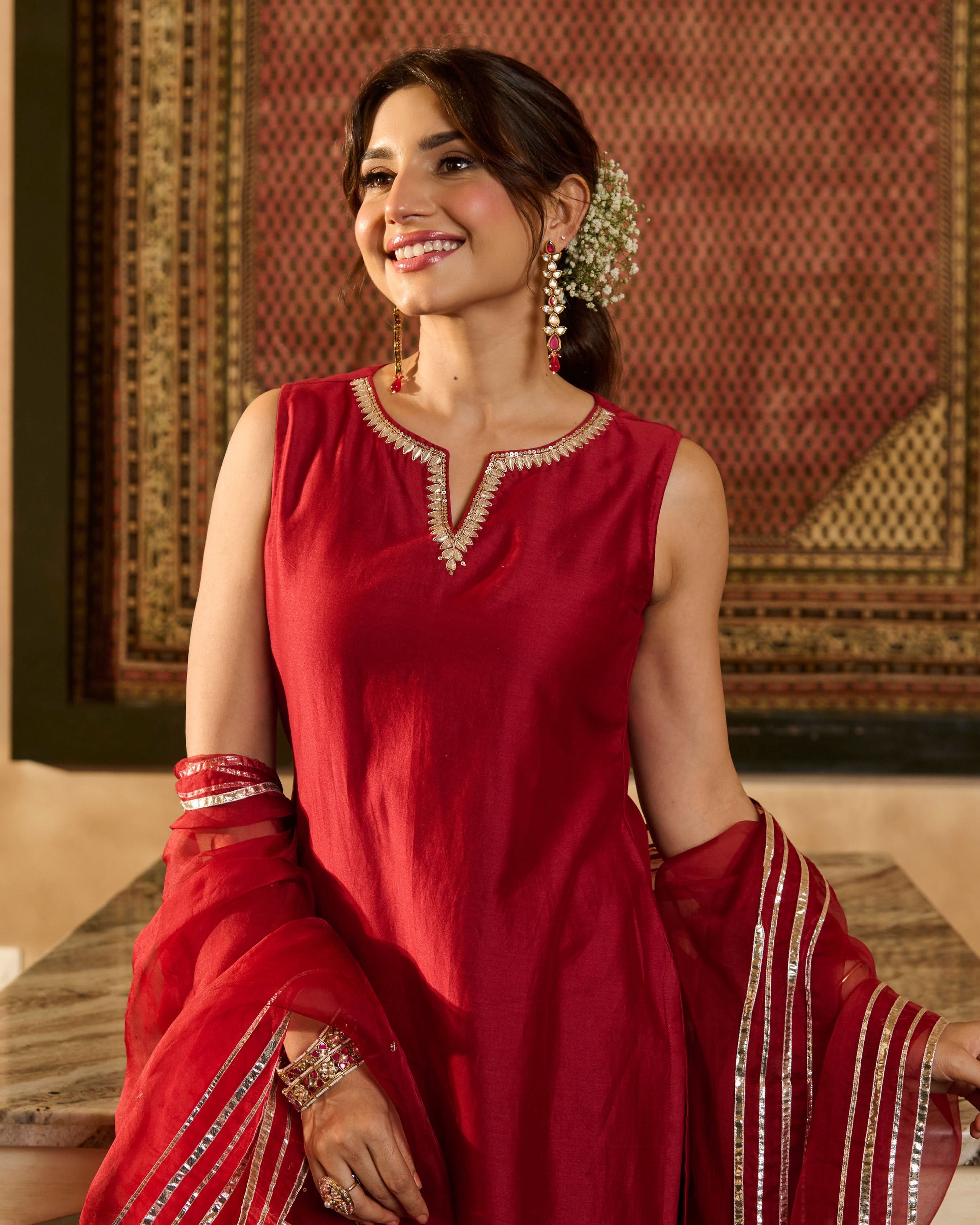 Jugni Maroon Solid Chanderi Suit Set - Image 9