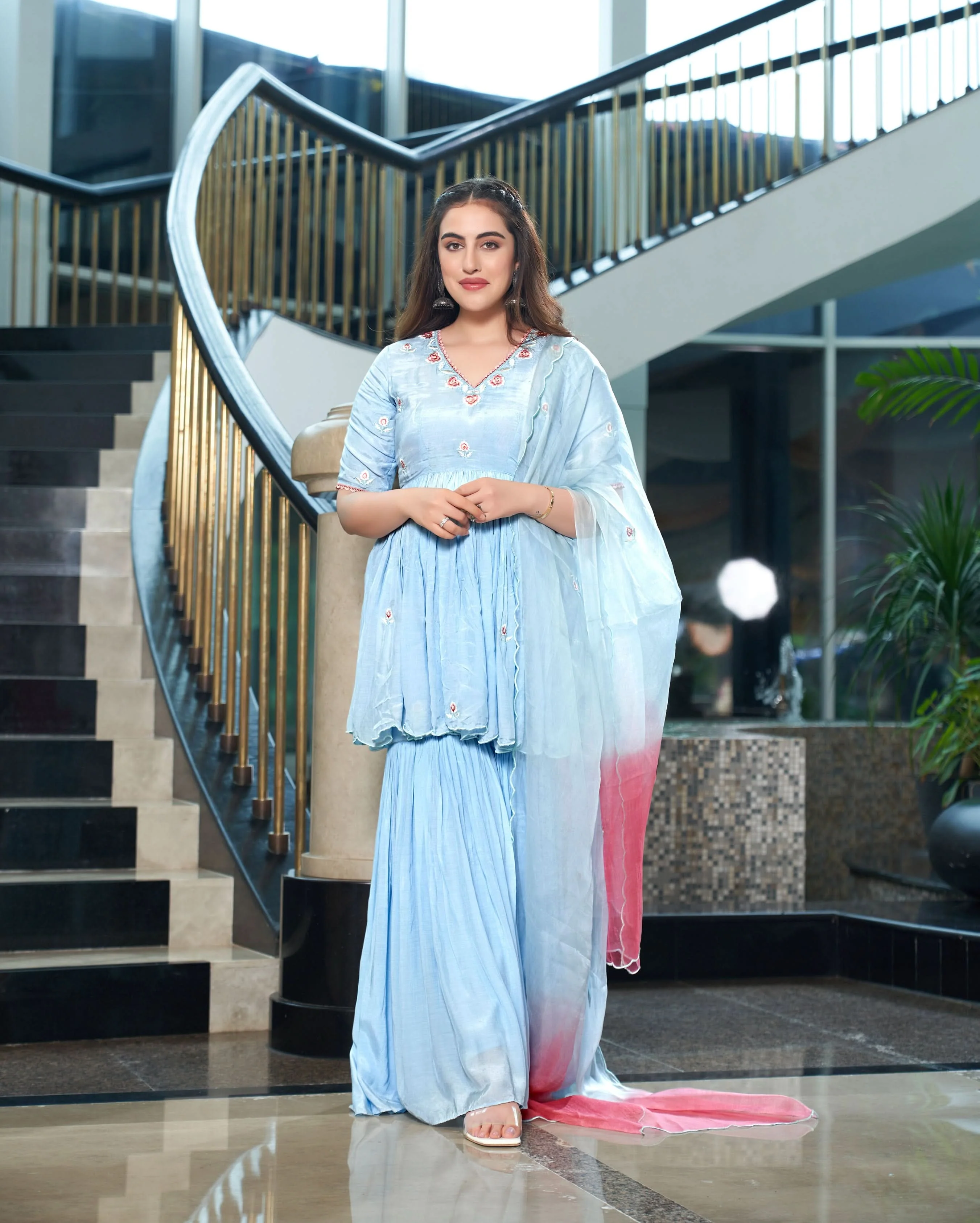 Kaari Pastel Blue Embroidered Muslin Silk Sharara Set - Image 2