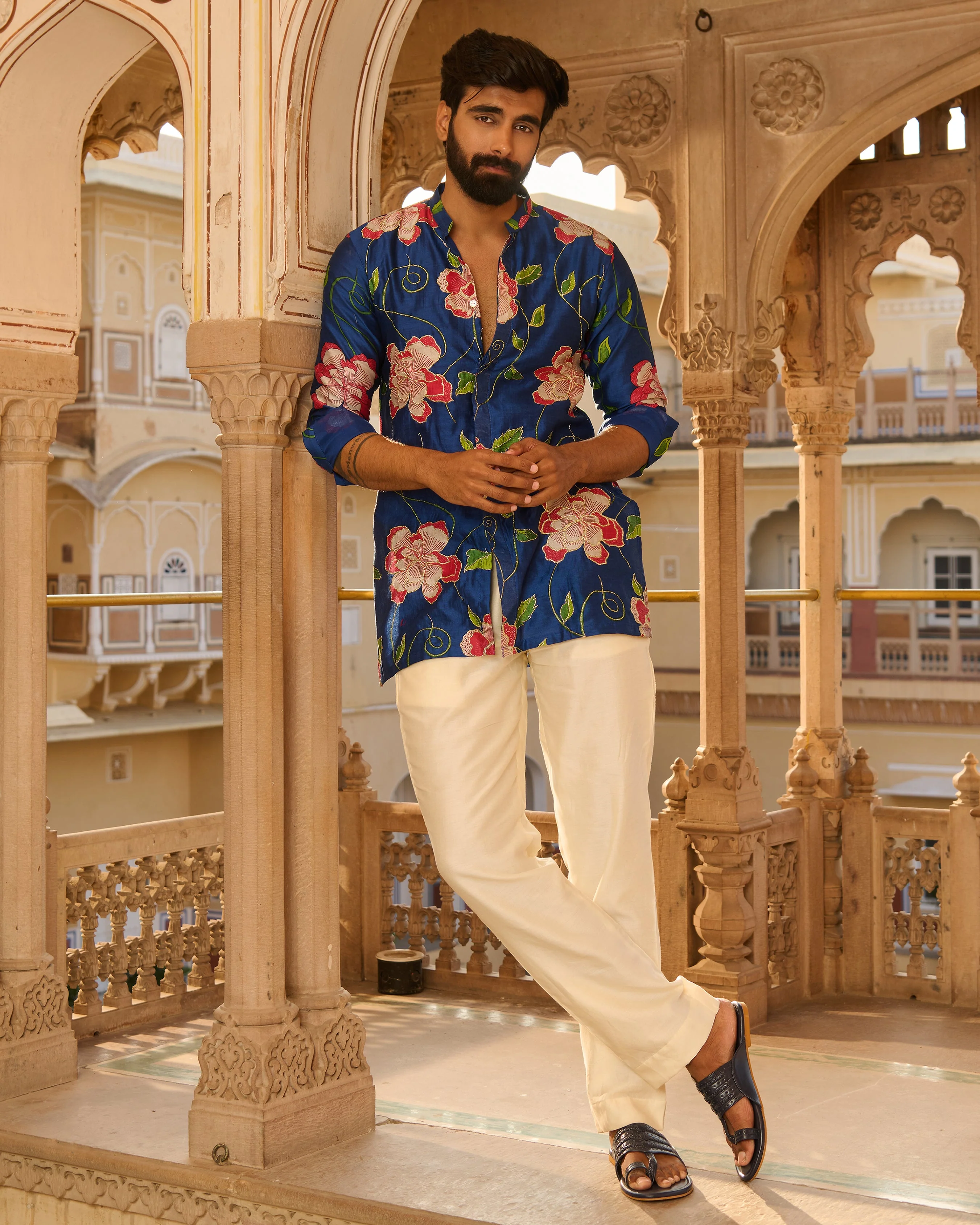 Kabir Blue Printed Chanderi Kurta - Image 3
