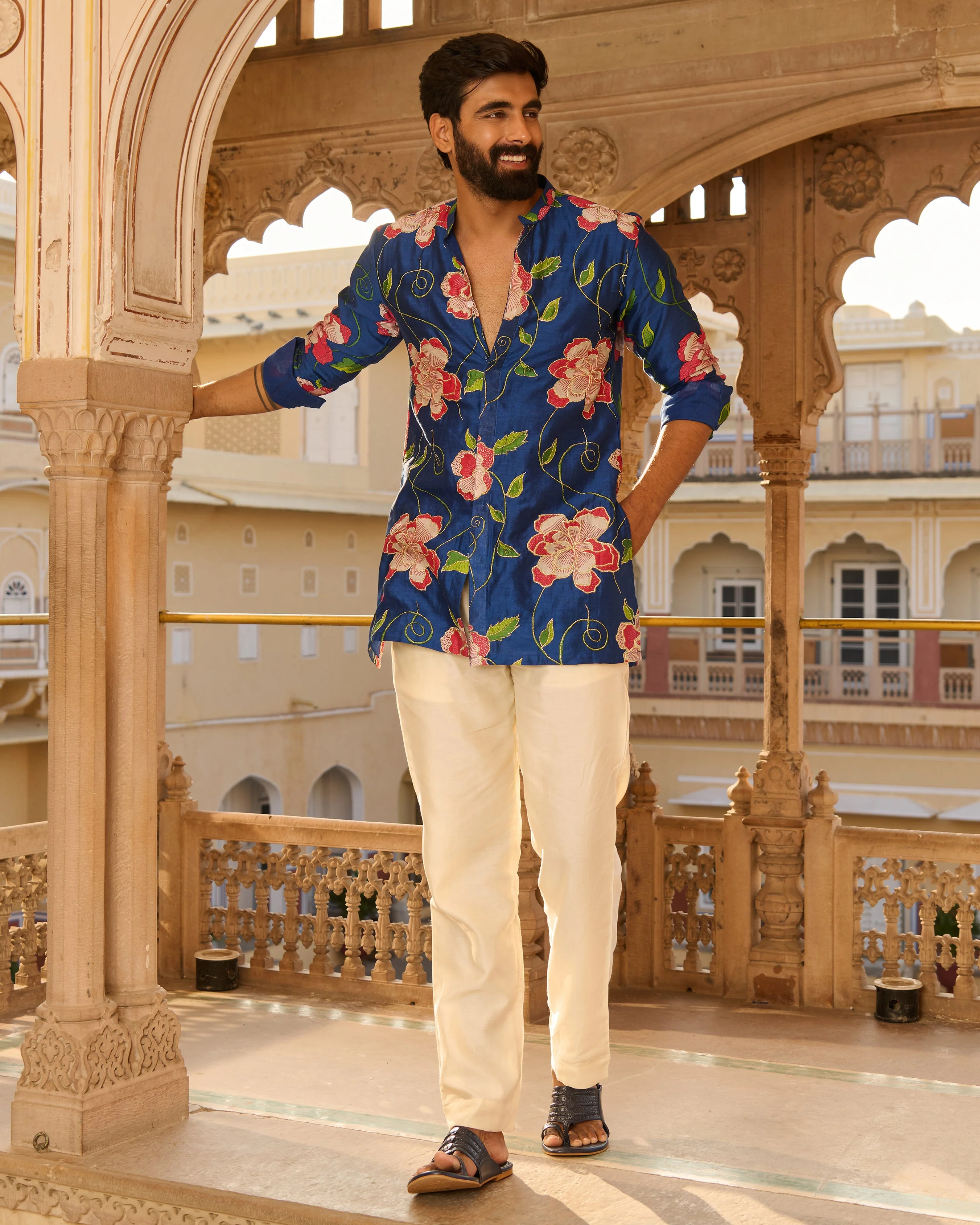 Kabir Blue Printed Chanderi Kurta - Image 4
