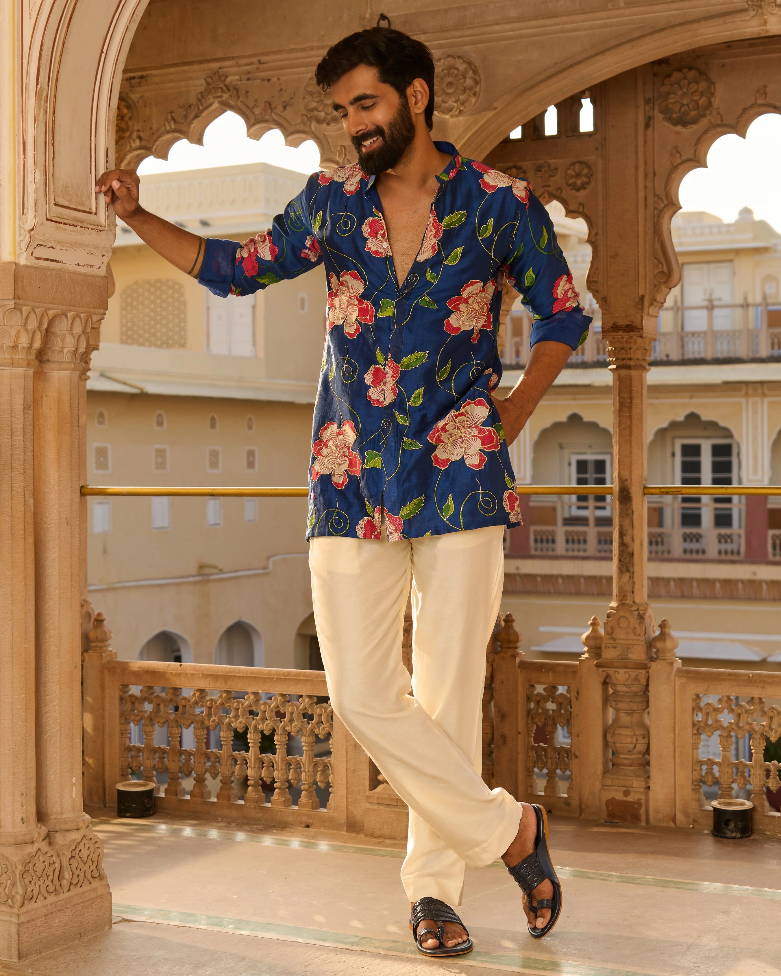 Kabir Blue Printed Chanderi Kurta - Image 5