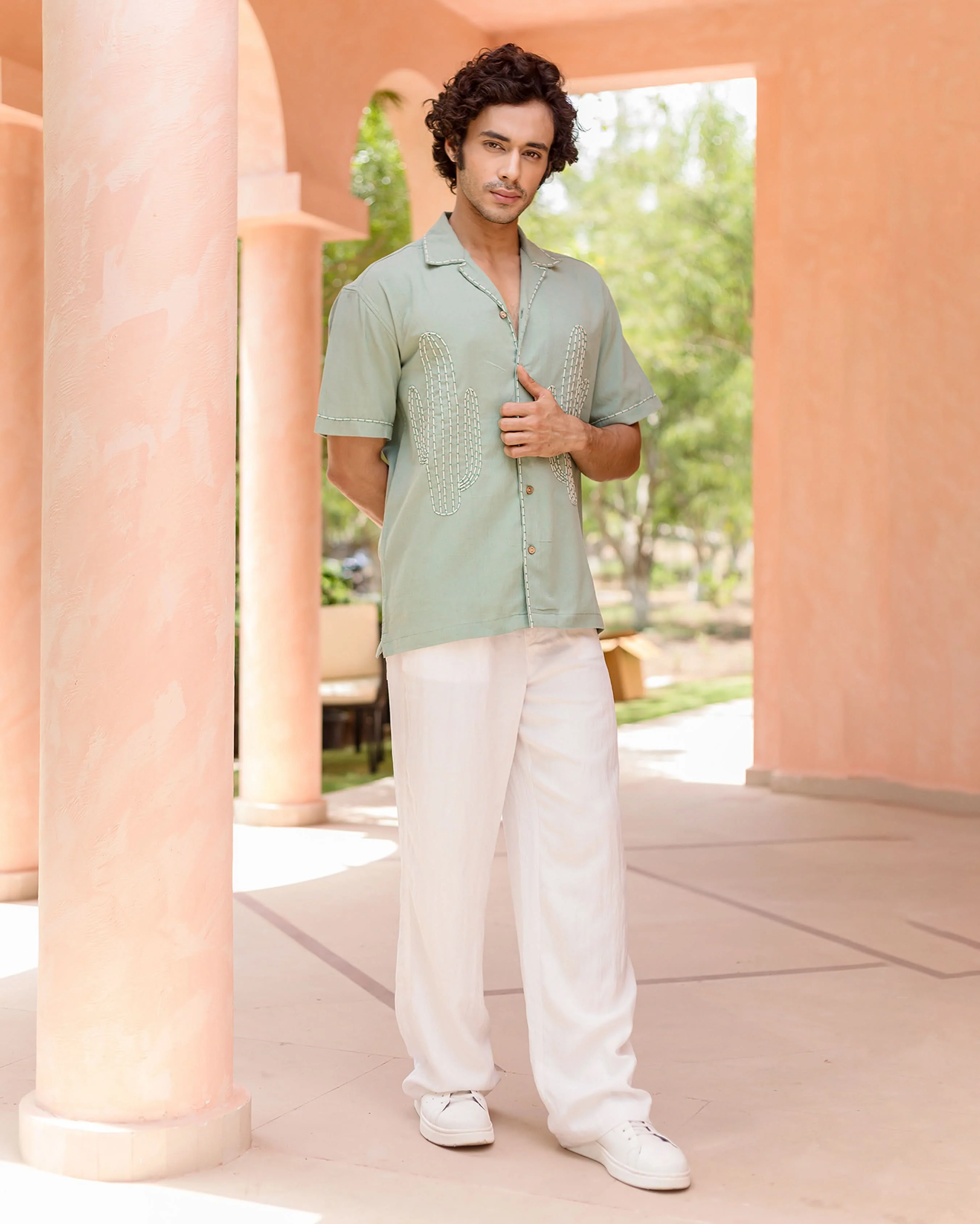 Kai Sage Green Embroidered Slub Shirt - Image 3