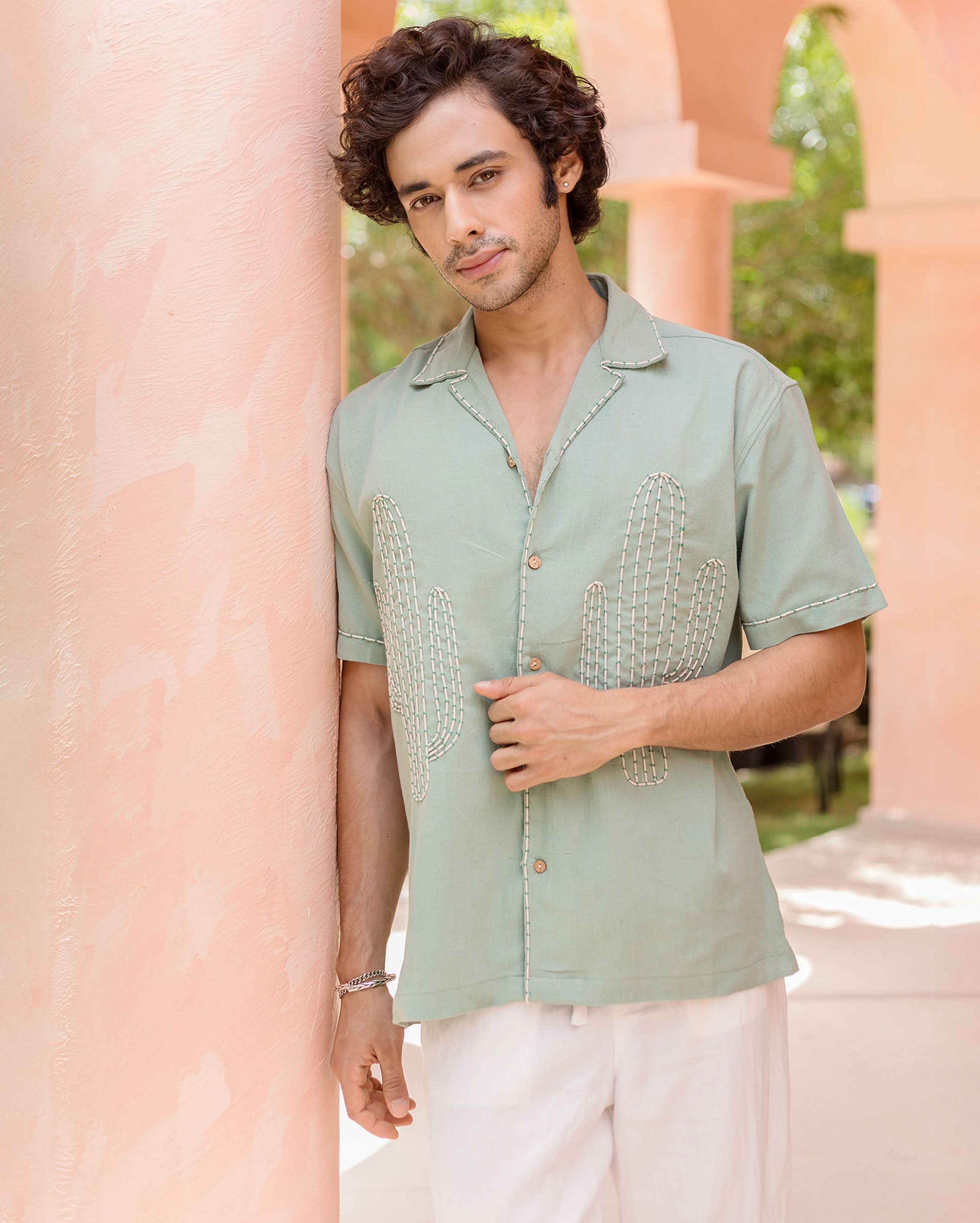 Kai Sage Green Embroidered Slub Shirt - Image 5