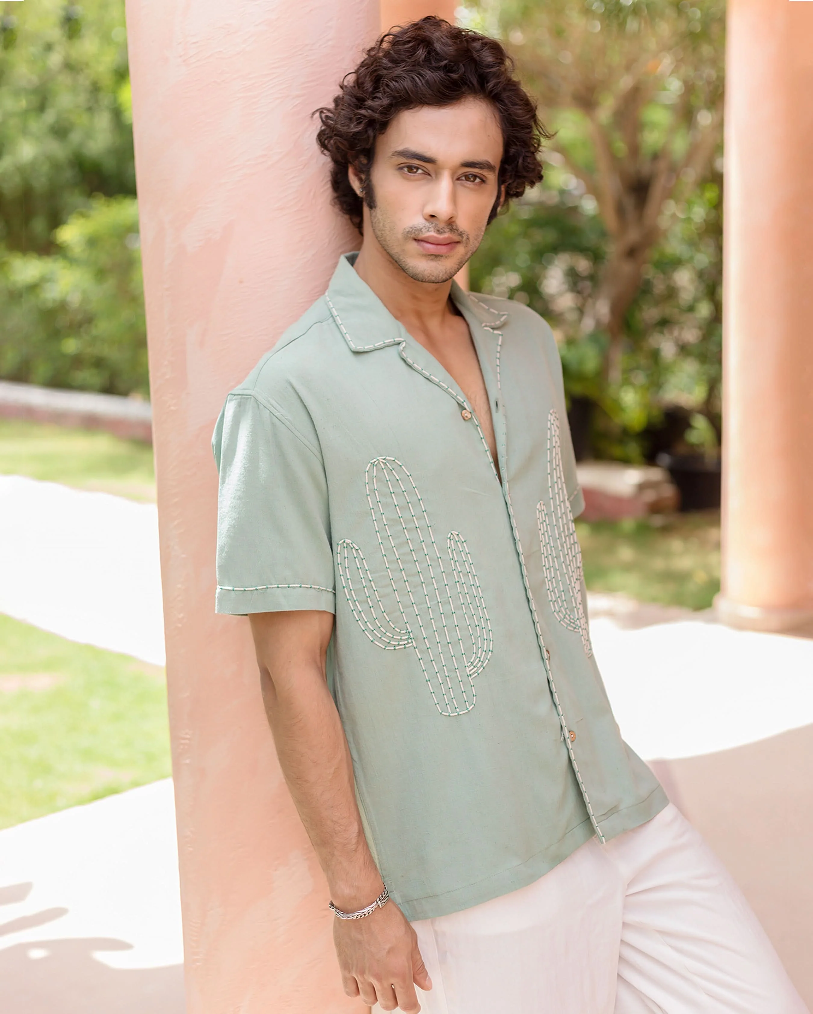 Kai Sage Green Embroidered Slub Shirt - Image 6