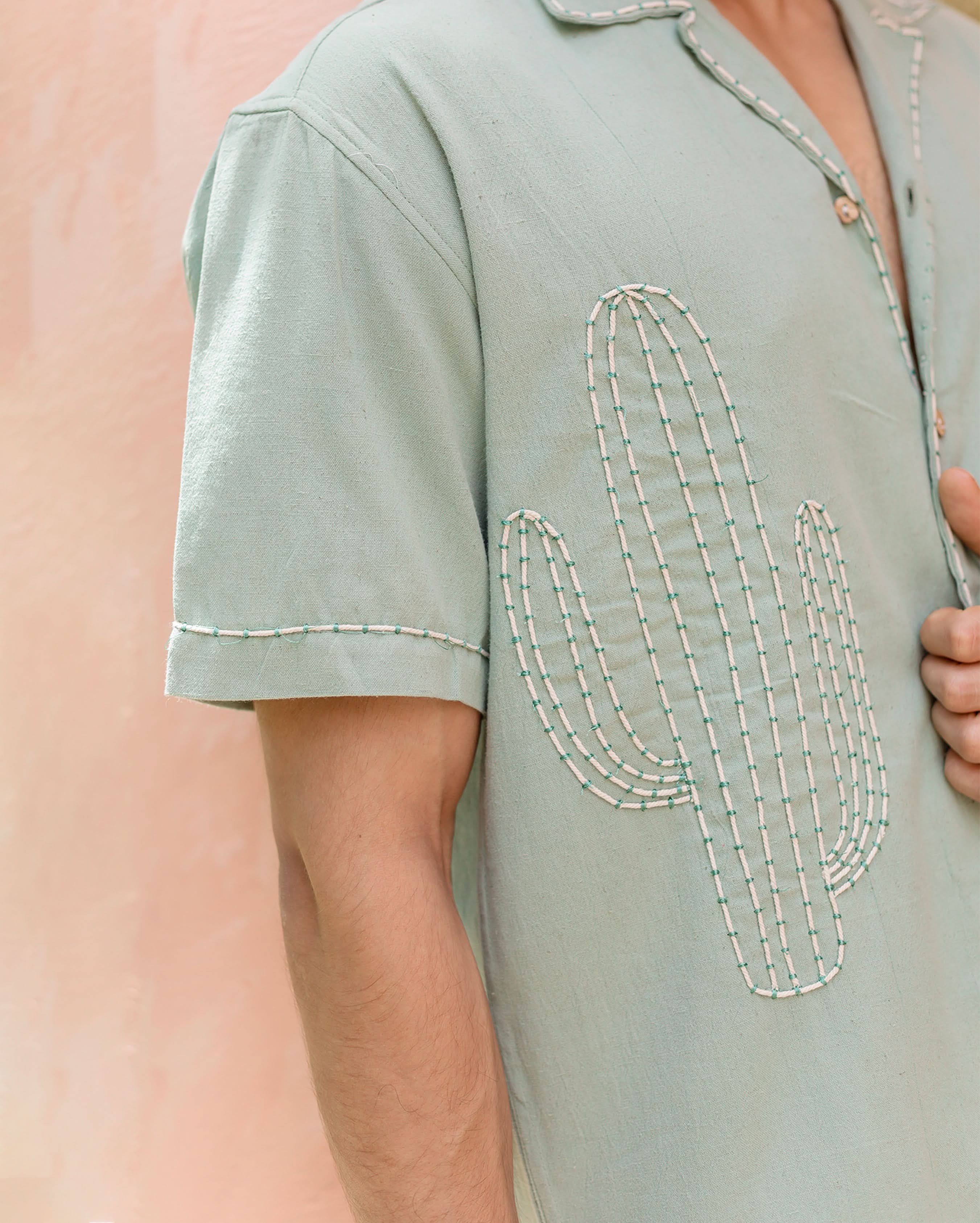 Kai Sage Green Embroidered Slub Shirt - Image 7