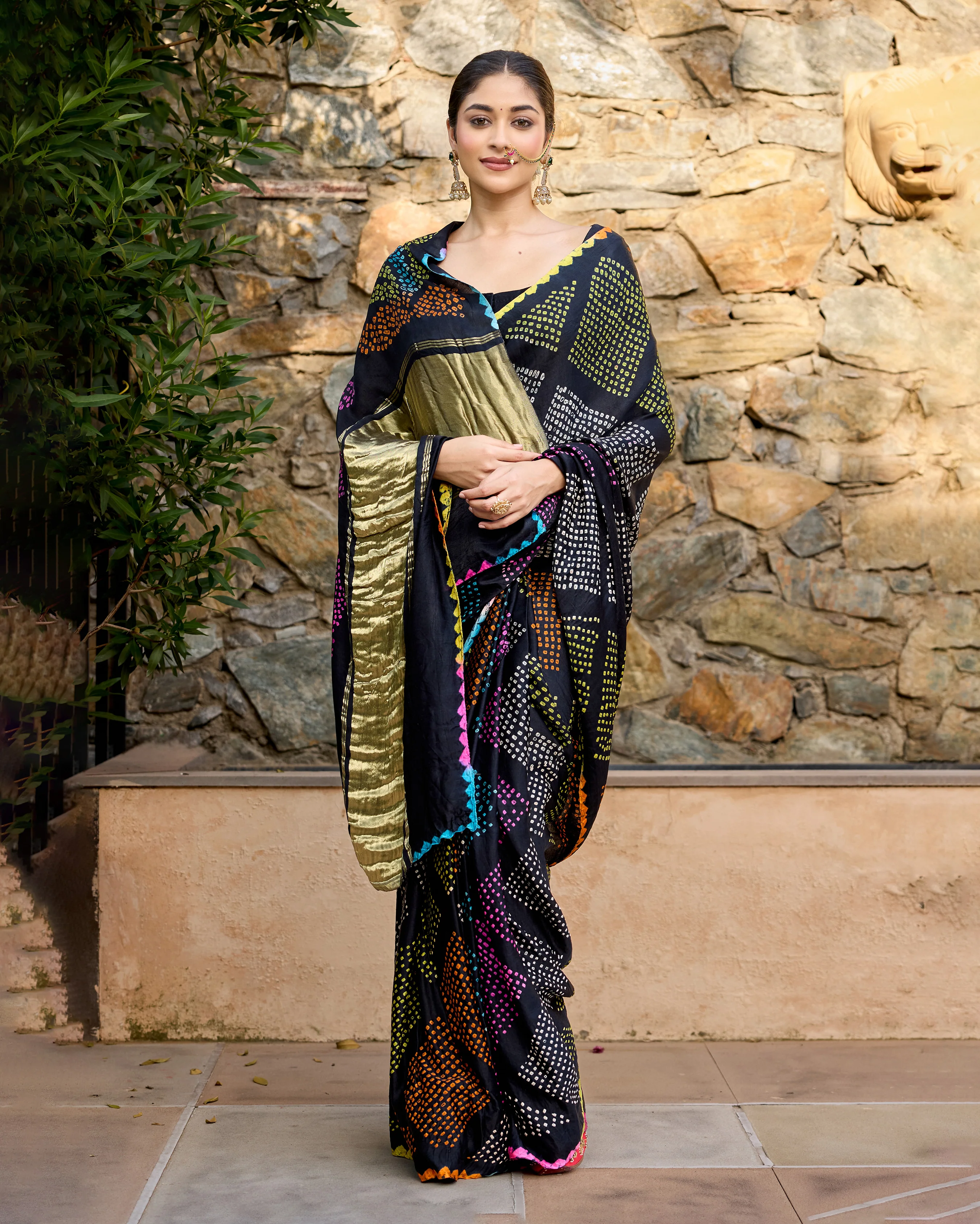 Kajal Black Gajji Silk Bandhej Saree