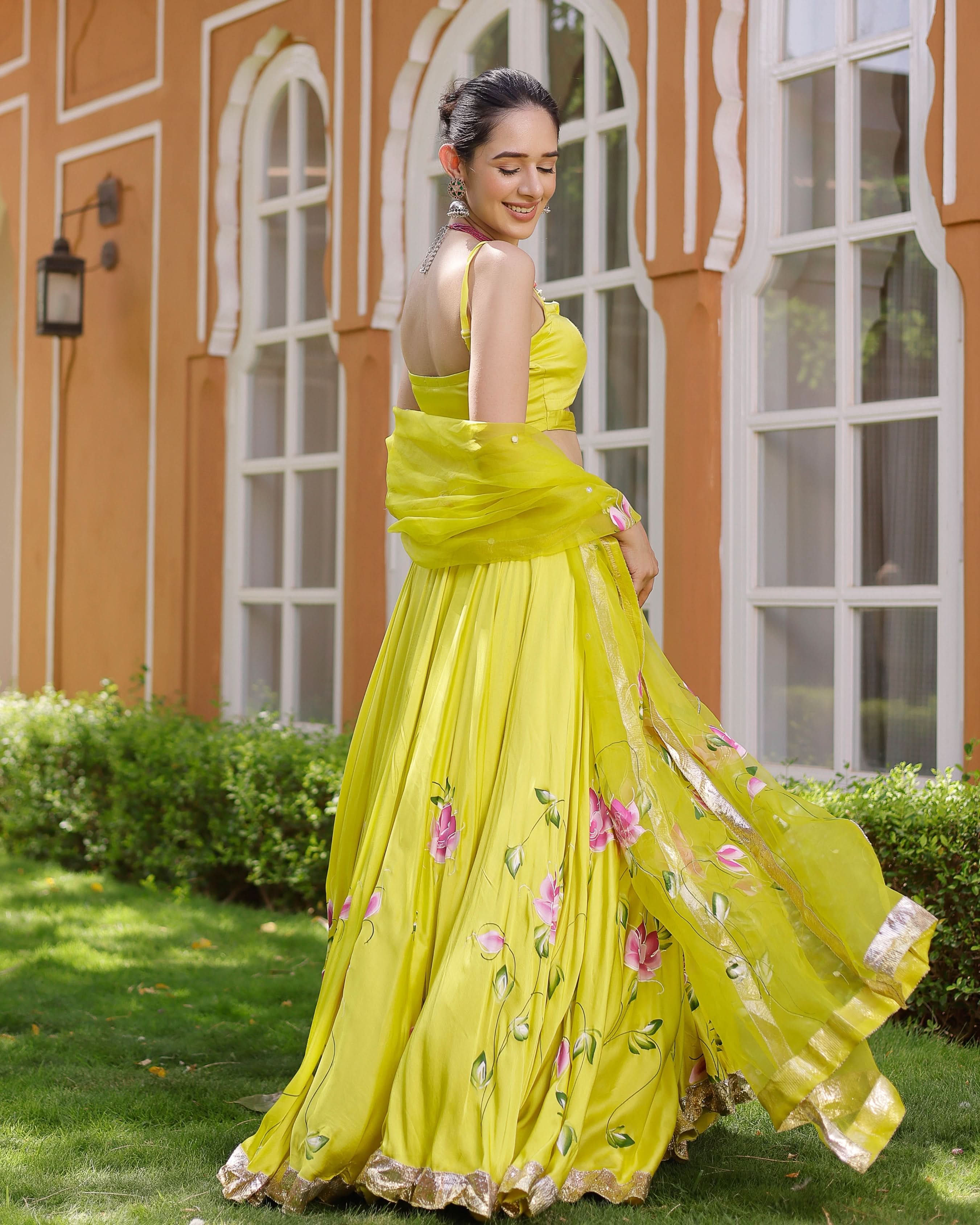 Kaleena Handpainted Satin Lehenga Set - Image 4