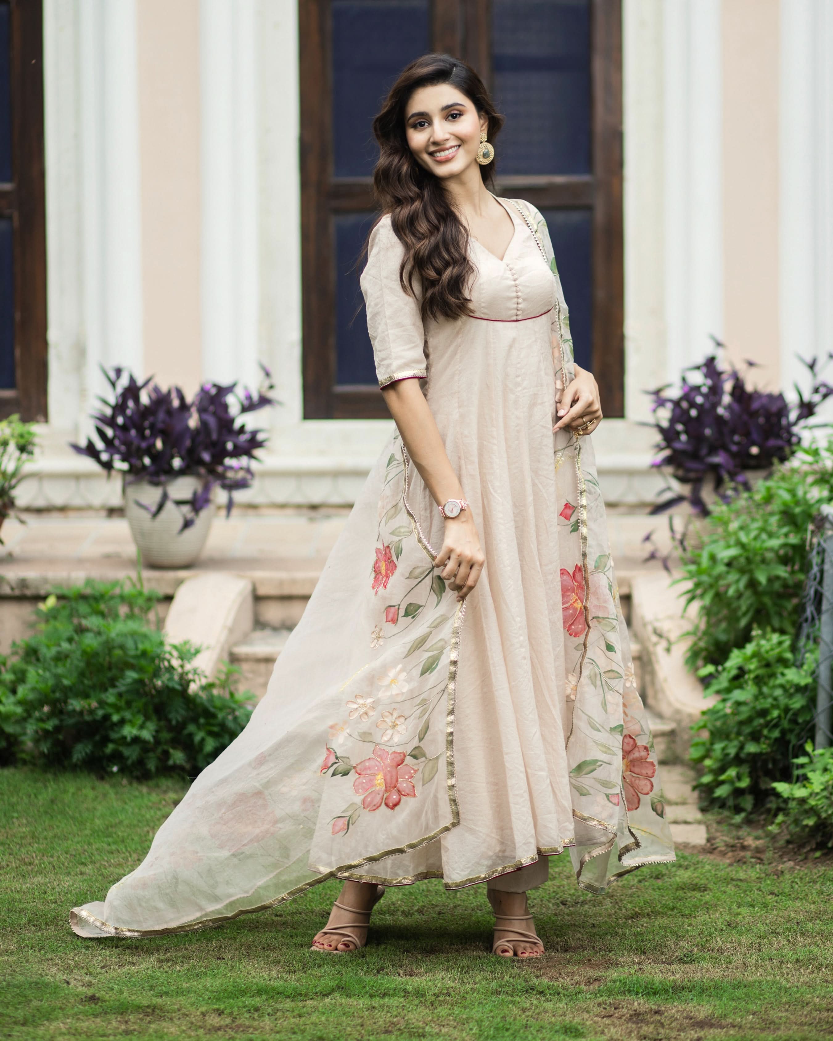 Kamini Beige Handpainted Chanderi Suit Set - Image 2
