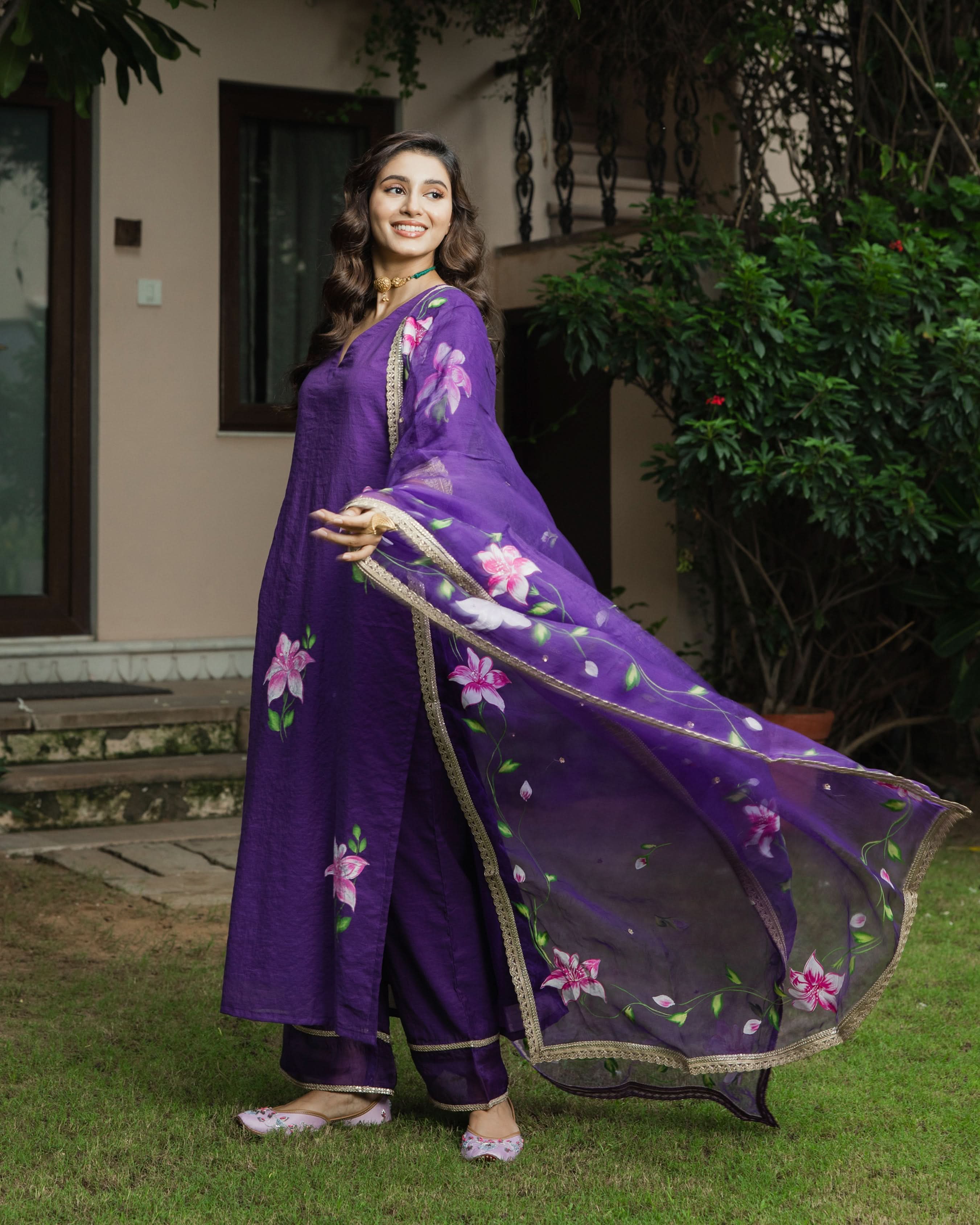 Kanchan Purple Handpainted Chanderi Suit Set - Image 2