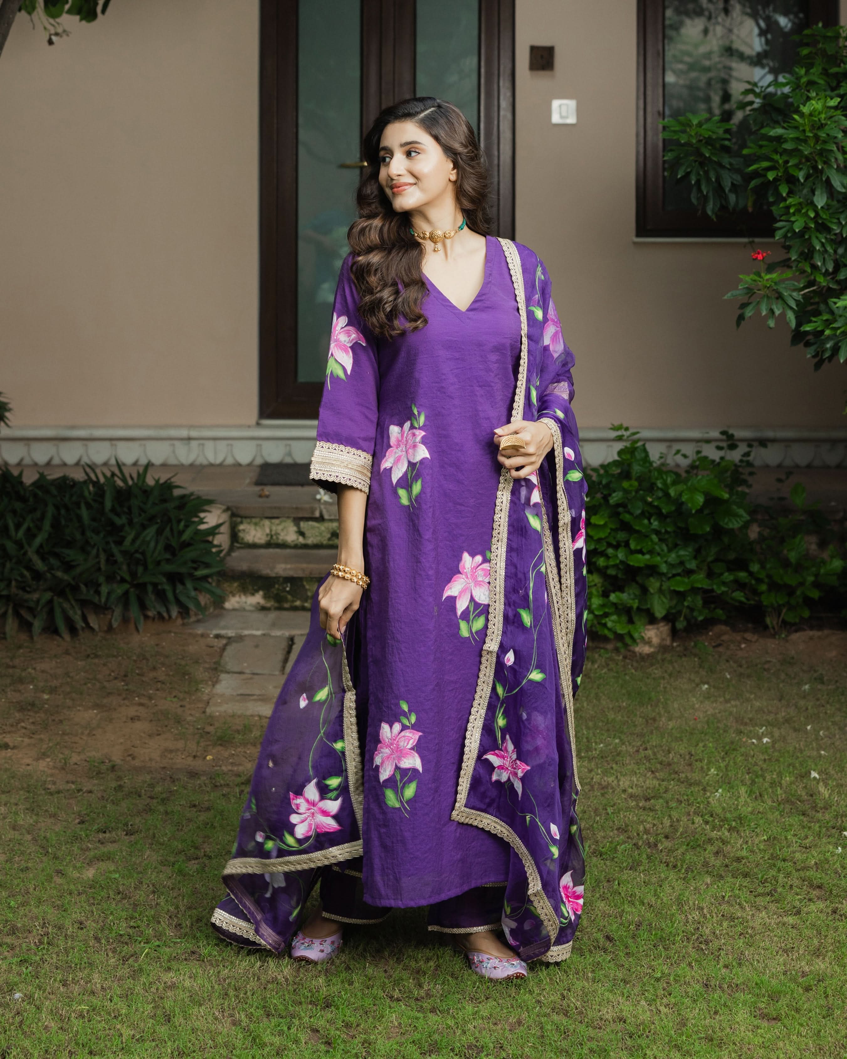 Kanchan Purple Handpainted Chanderi Suit Set - Image 3