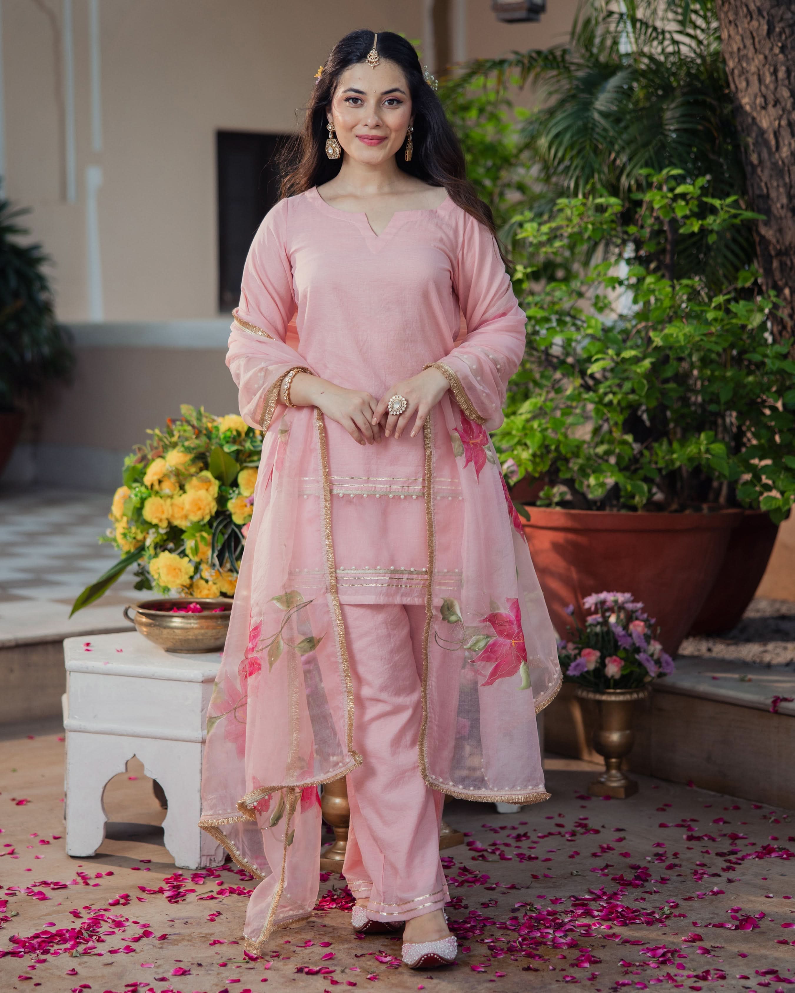 Kaner Pink Handpainted Chanderi Suit Set - Image 3