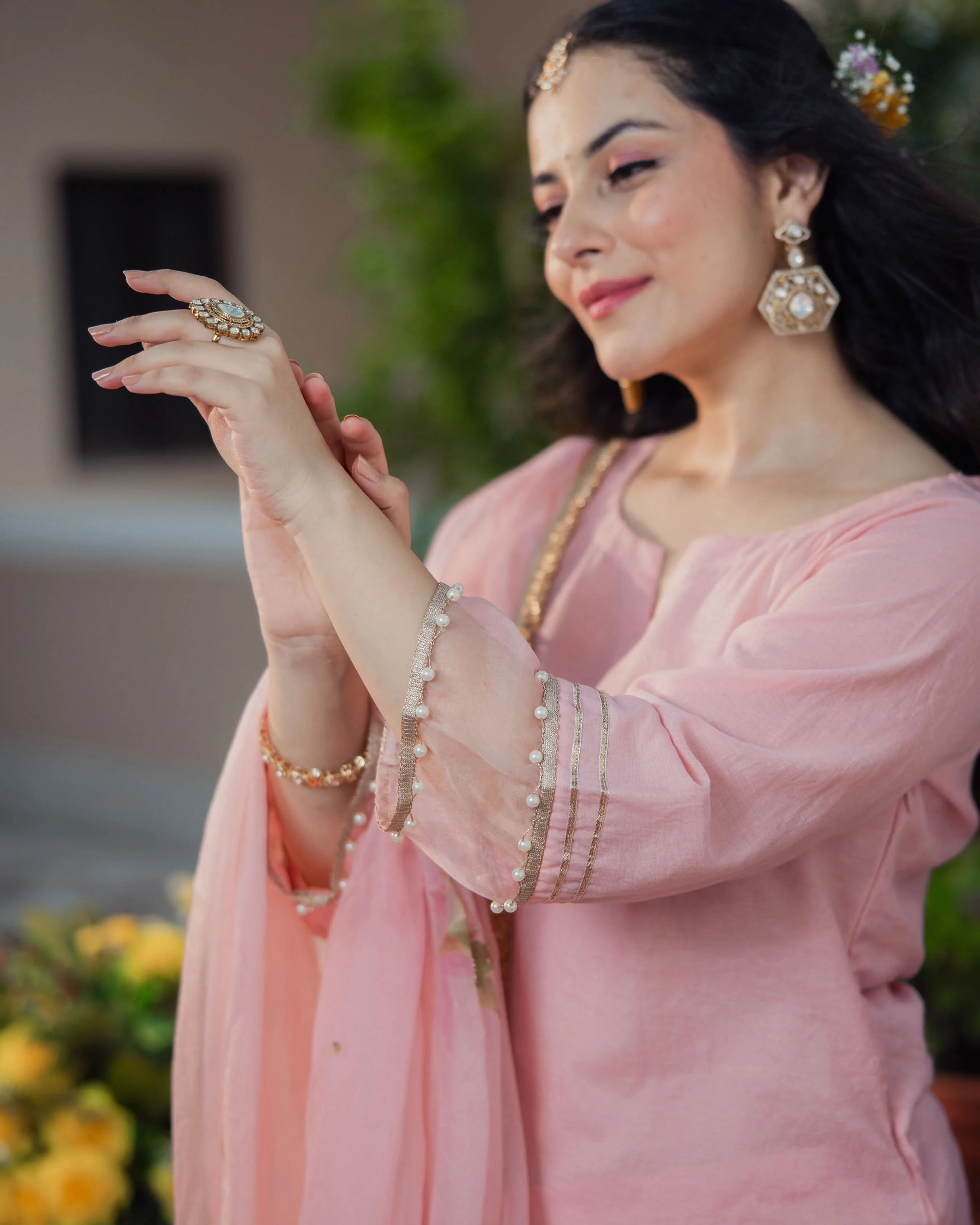Kaner Pink Handpainted Chanderi Suit Set - Image 6