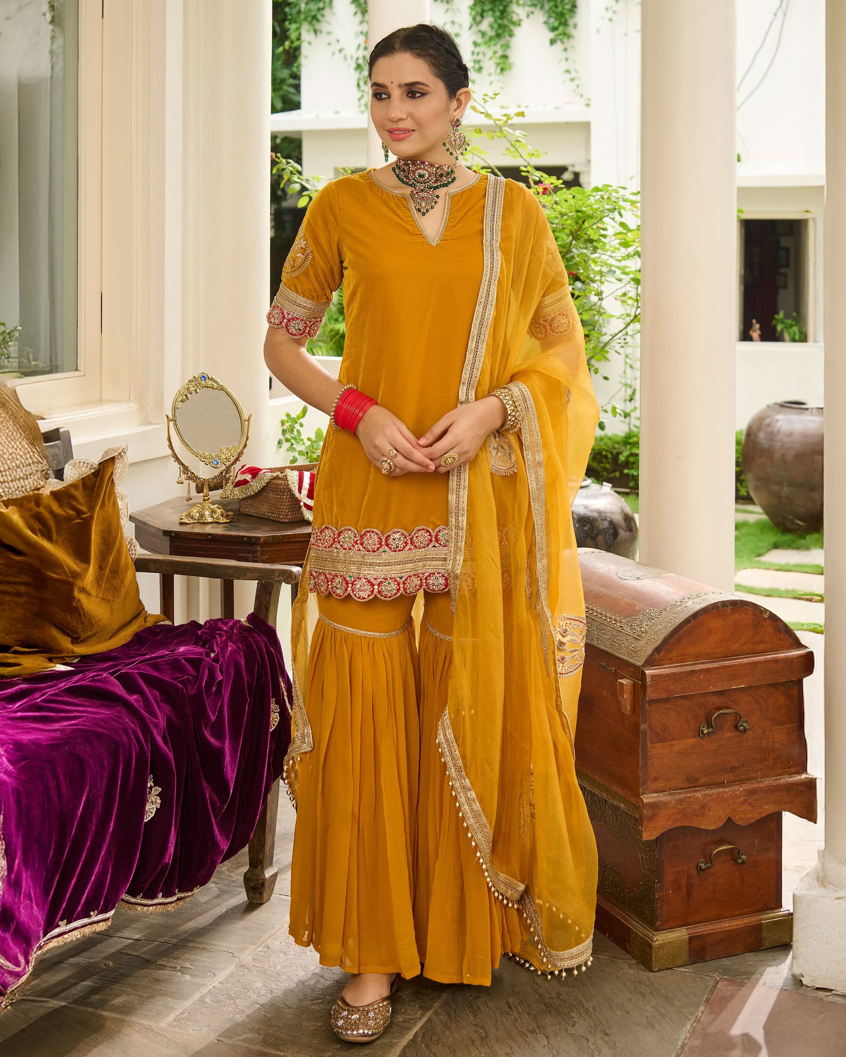 Kavi Yellow Embroidered Velvet Sharara Set - Image 2