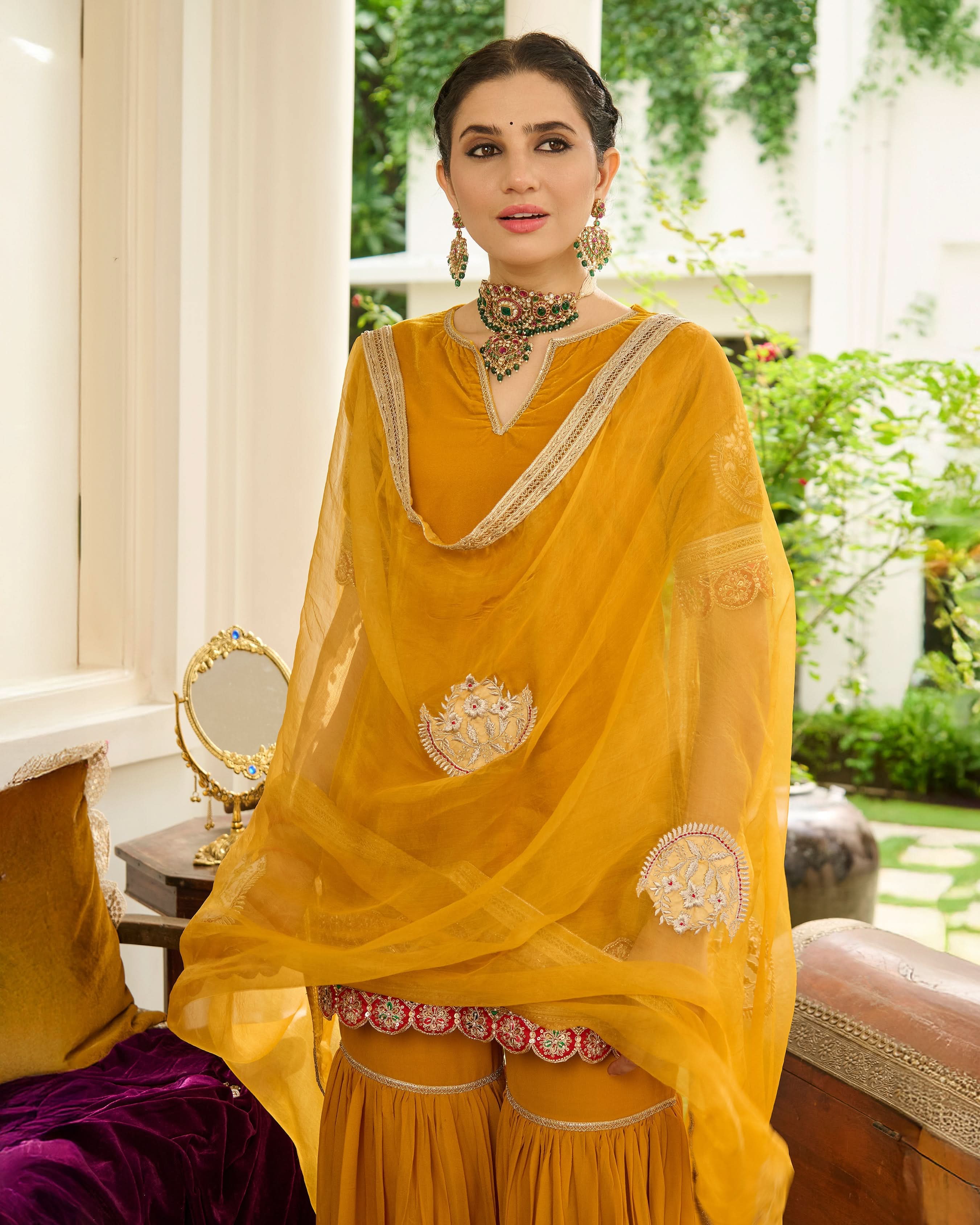 Kavi Yellow Embroidered Velvet Sharara Set - Image 7